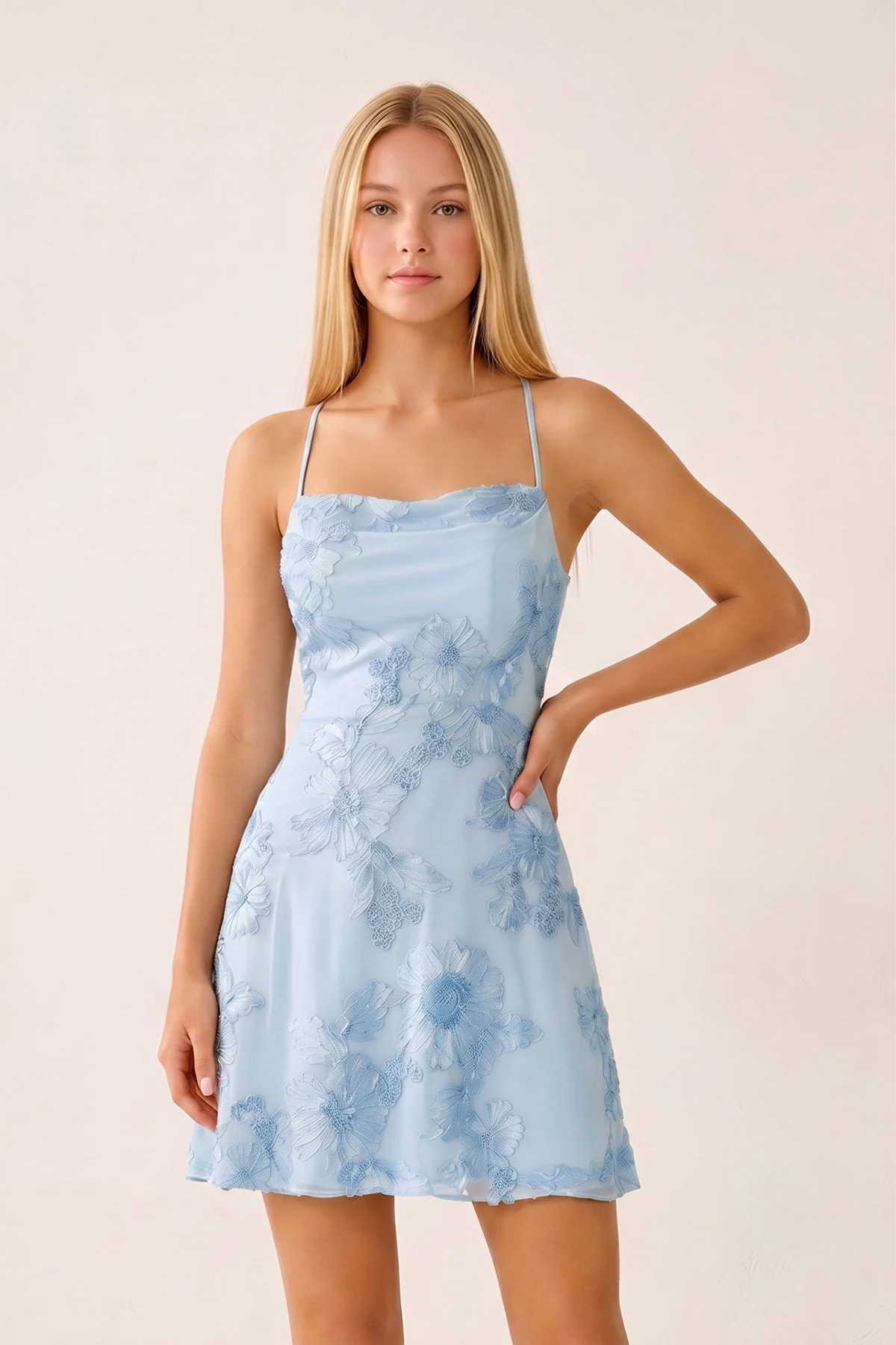 Spaghetti Straps A-Line Embroidered Tulle Homecoming Dress