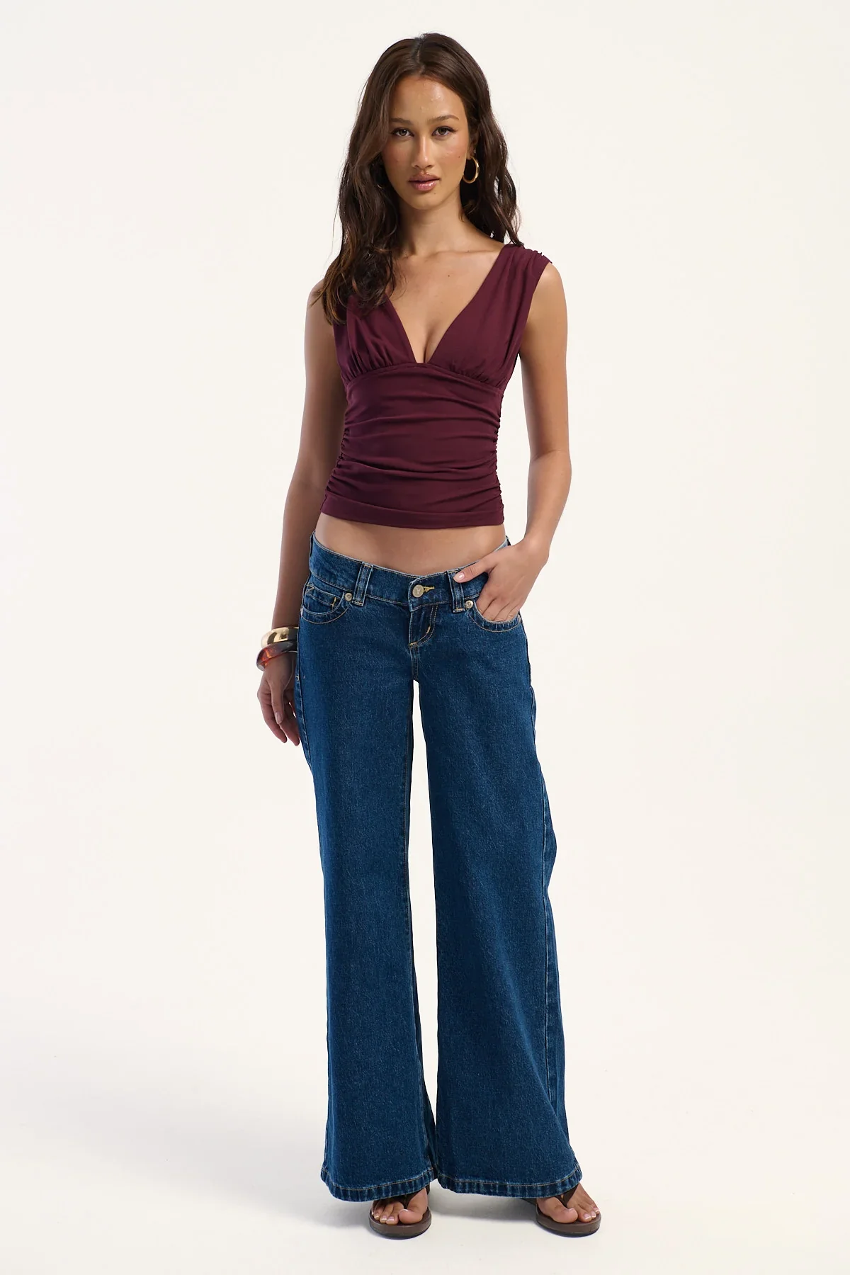 Luck & Trouble Vivi Ruched  V Neck Top Plum
