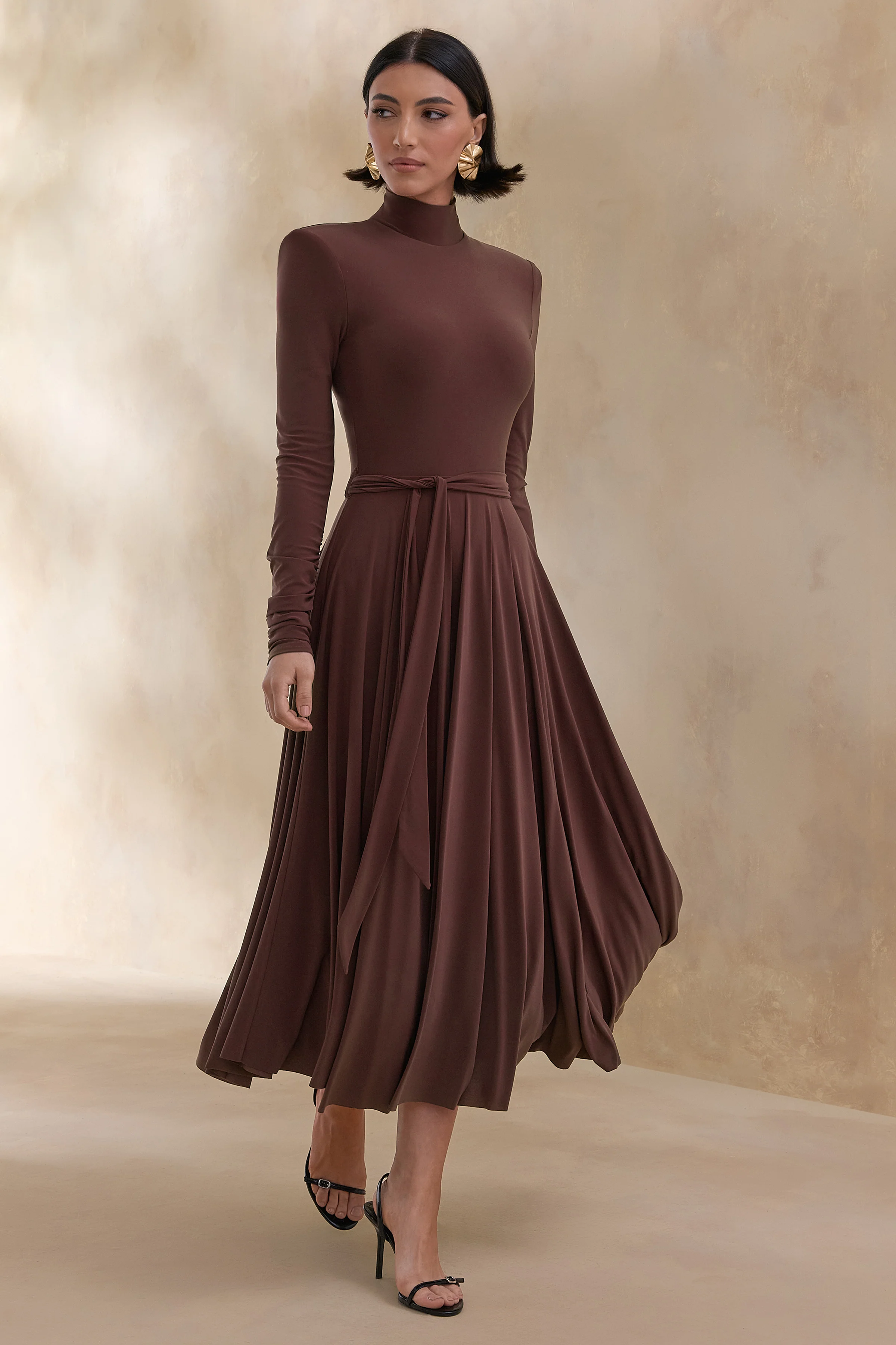 Opalia | Brown High-Neck Belted Midi Dress