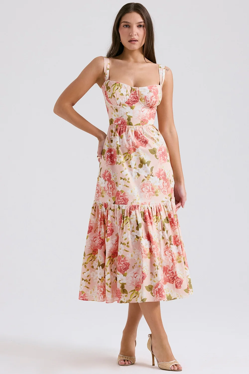 pink peony print cotton midi sundress