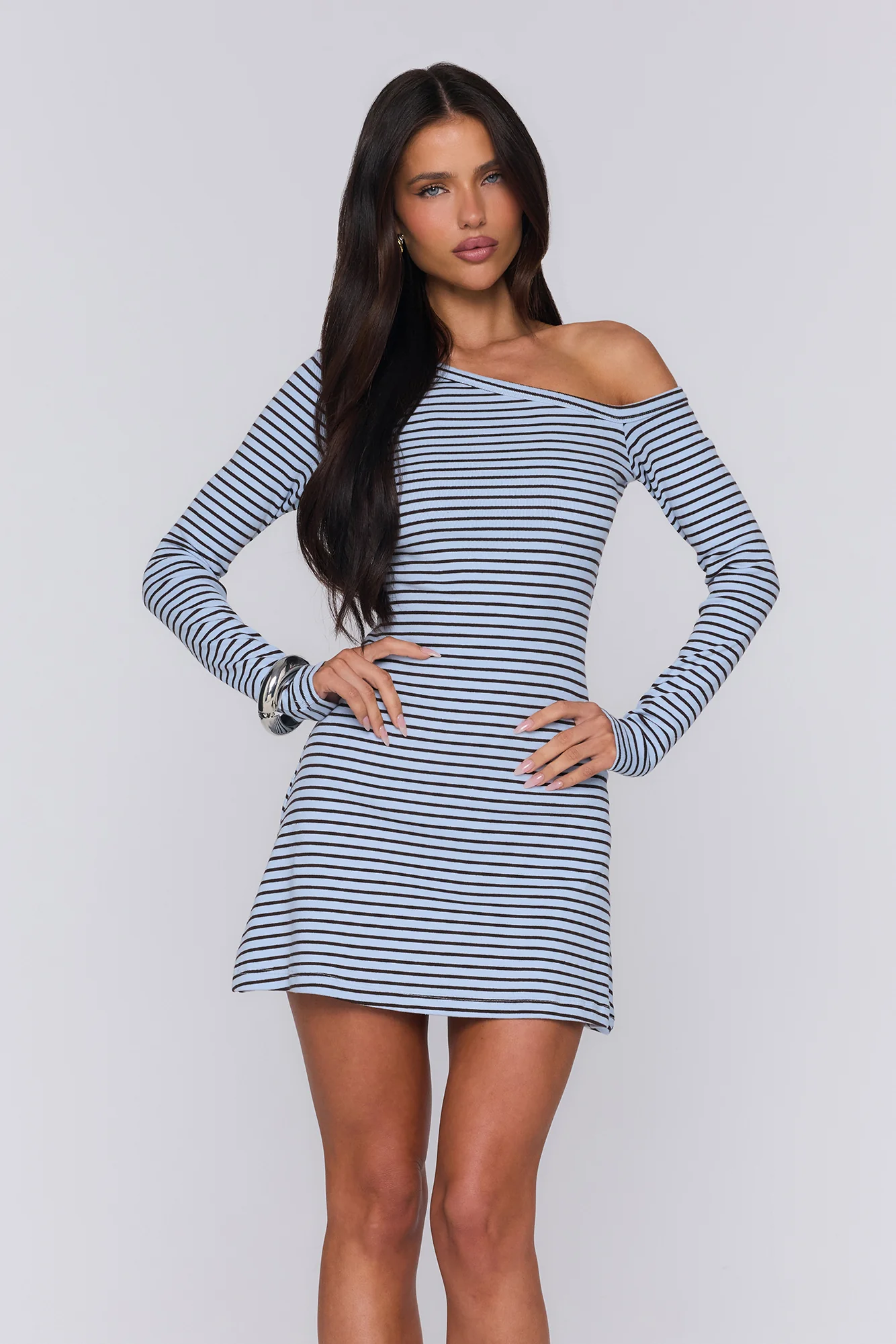 BASE Luxe Rib Off Shoulder Long Sleeve Mini Dress Blue Brown Stripe