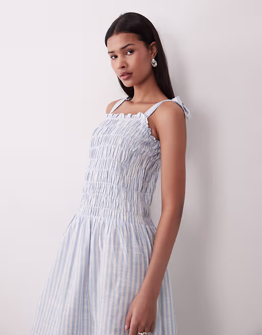 Esmee tie strap shirred maxi beach dress in blue & white stripe