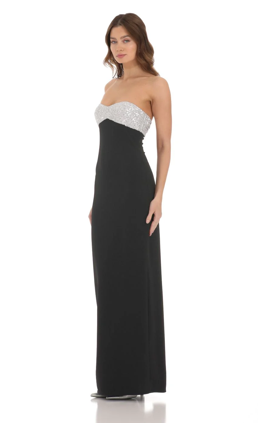 Strapless White Sequin Maxi Dress in Black - luluinthesky