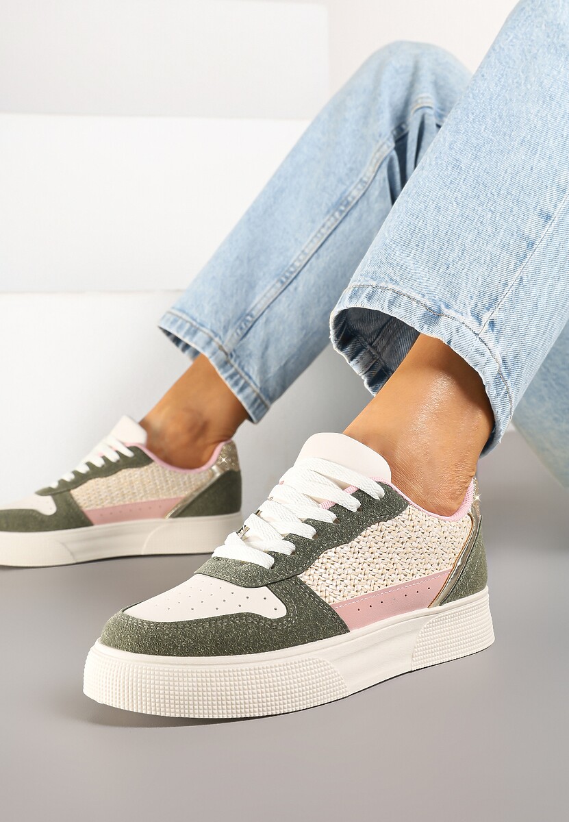 Beżowo-Zielone Sneakersy na Platformie Ozdobione Plecionką Perforacją i Brokatem Tulreia