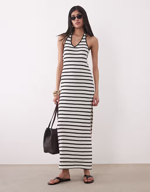 crochet jersey halter neck maxi dress in mono stripe