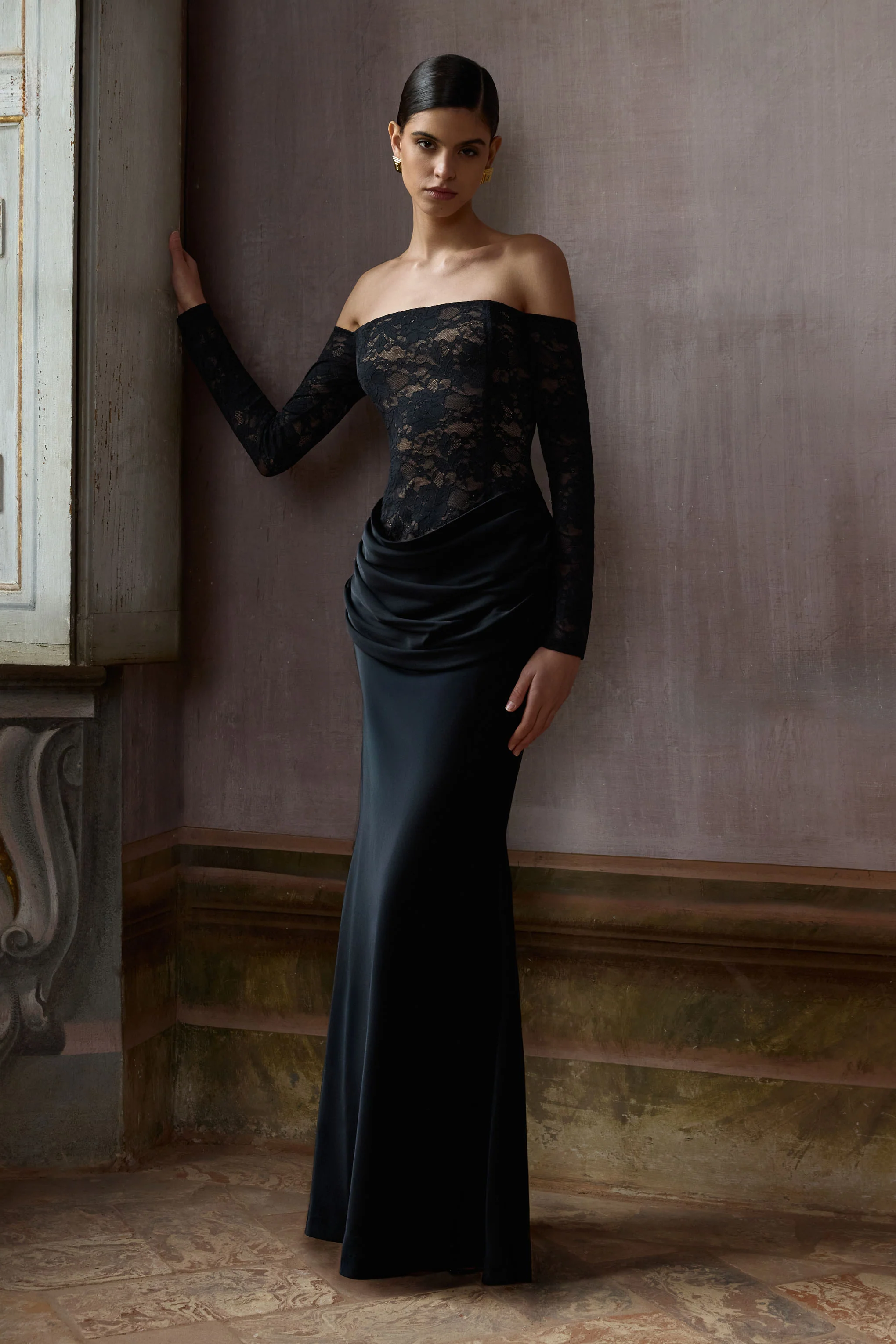 Rinna | Black Lace And Satin Bardot-Neck Maxi Dress