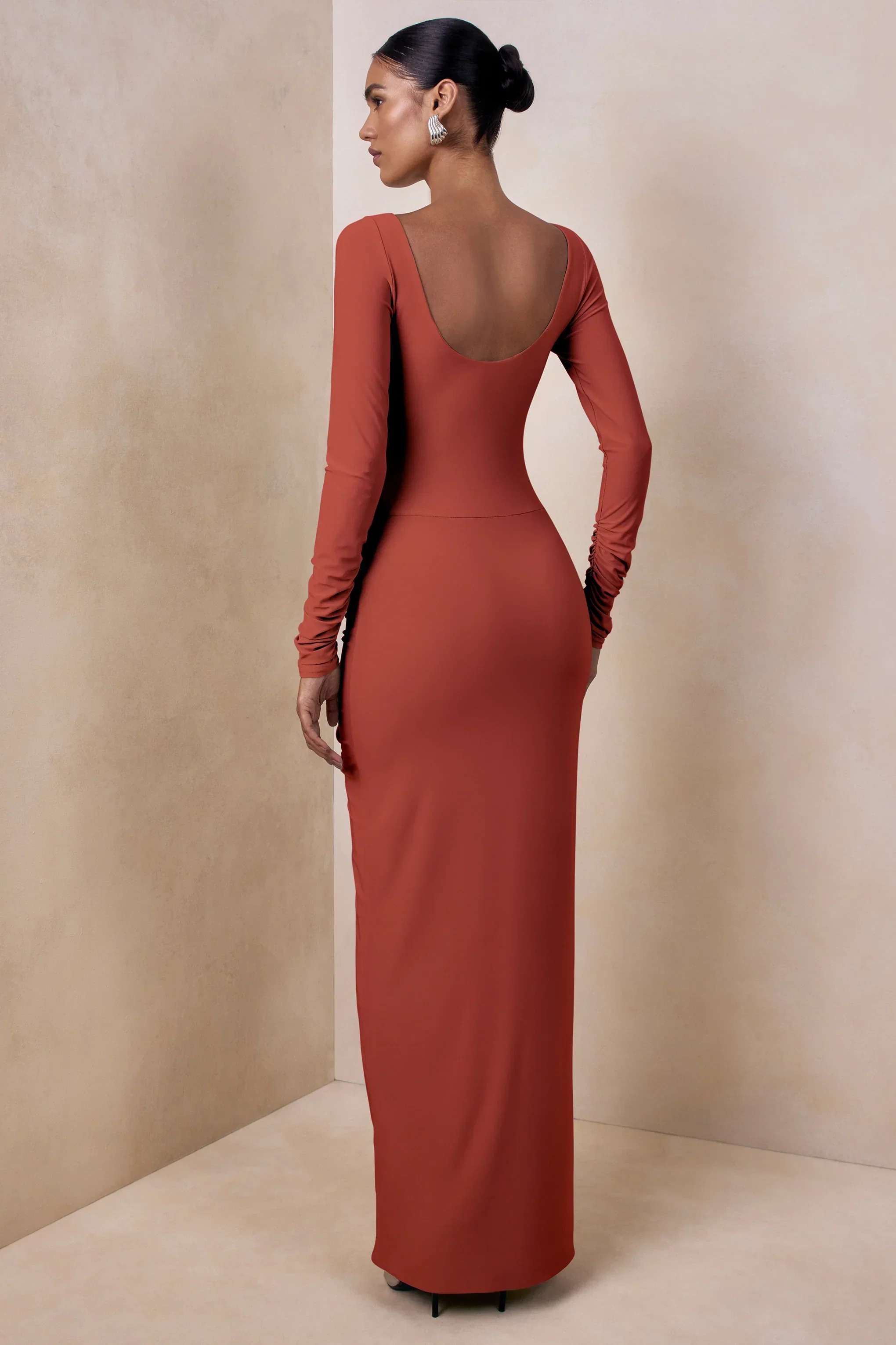 Matilda | Rust Boat-Neck Maxi Dress With Ruched Detailing