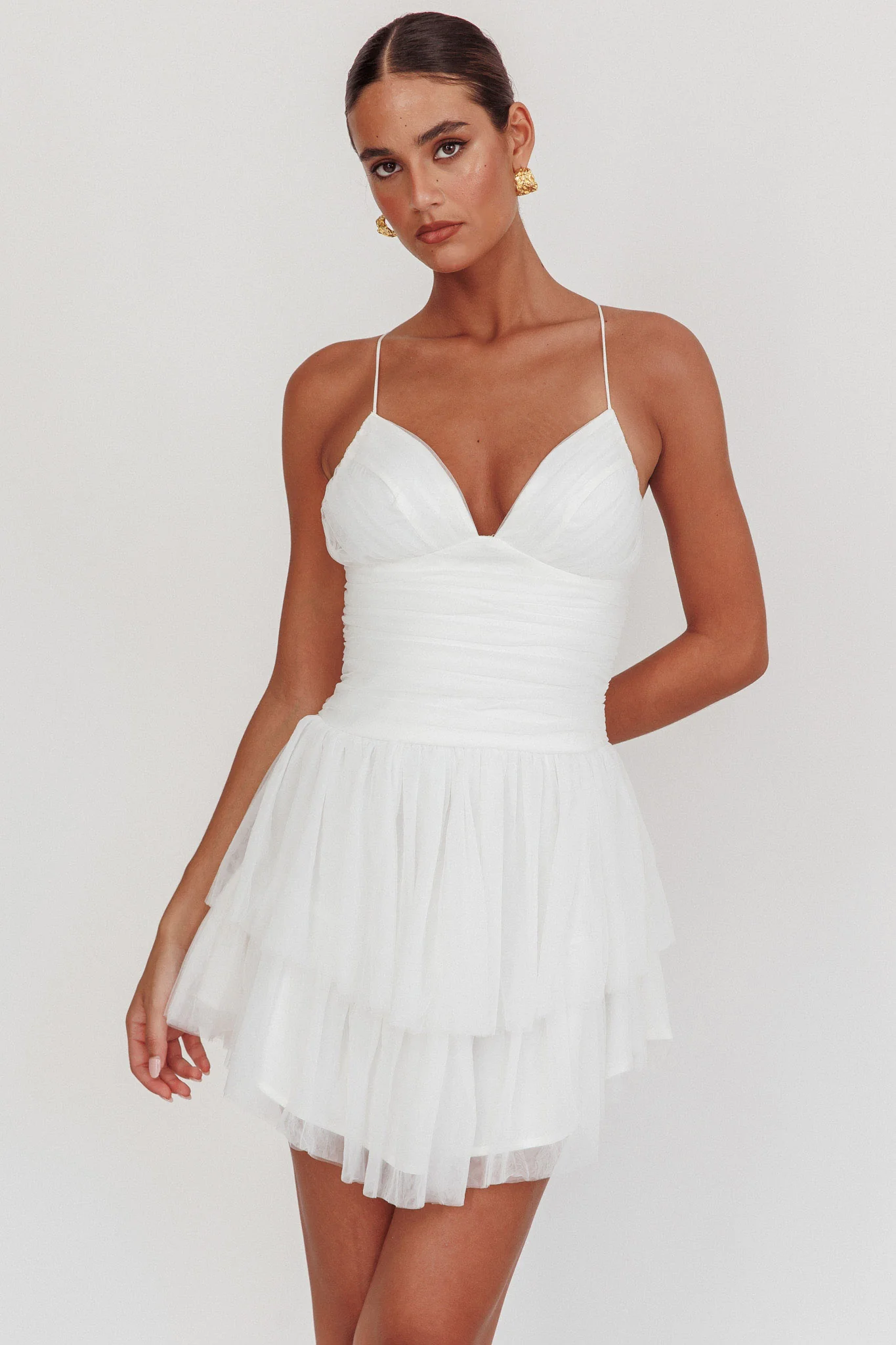 Nightingale Ruched Mesh Mini Dress White - luluinthesky