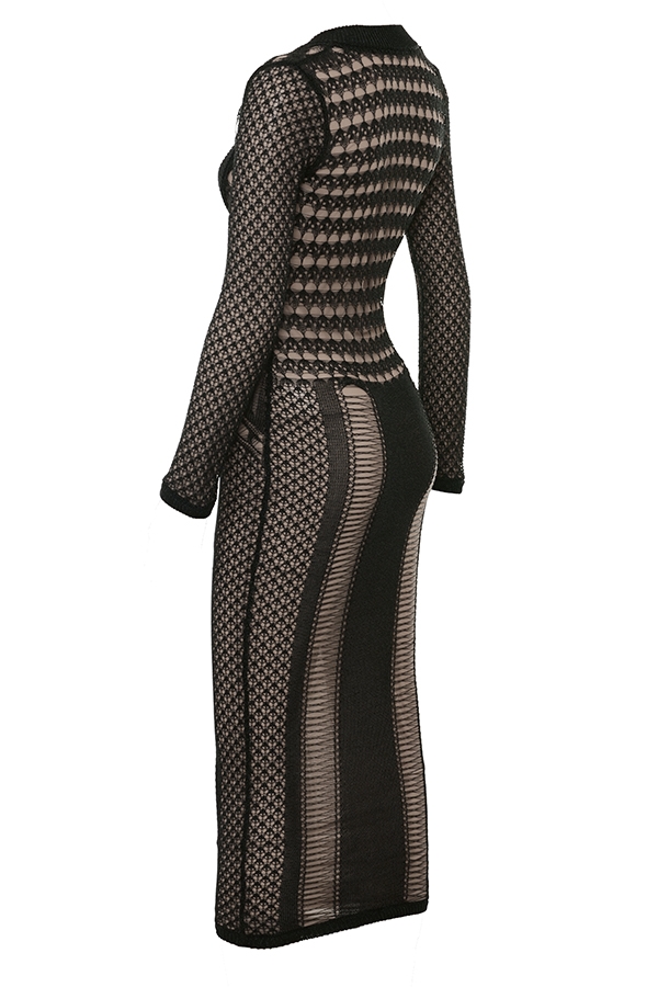 Black Plunge Open Knit Midi Dress