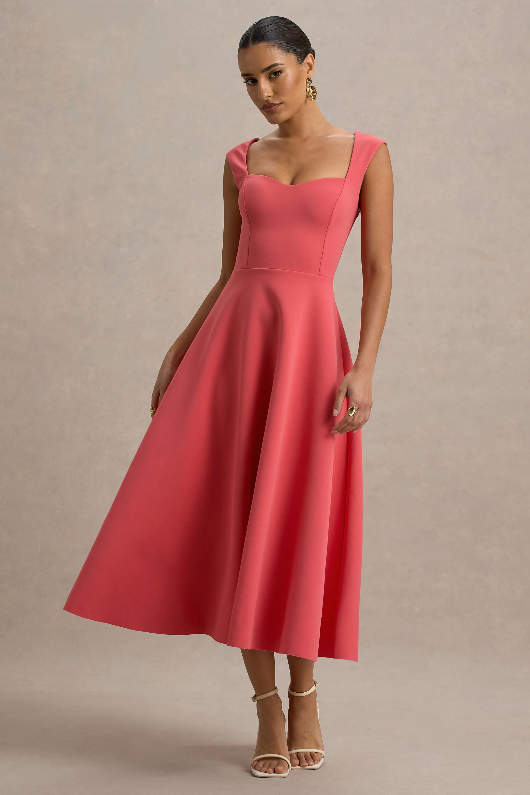 Andromeda | Coral Sweetheart-Neck Midi Dress