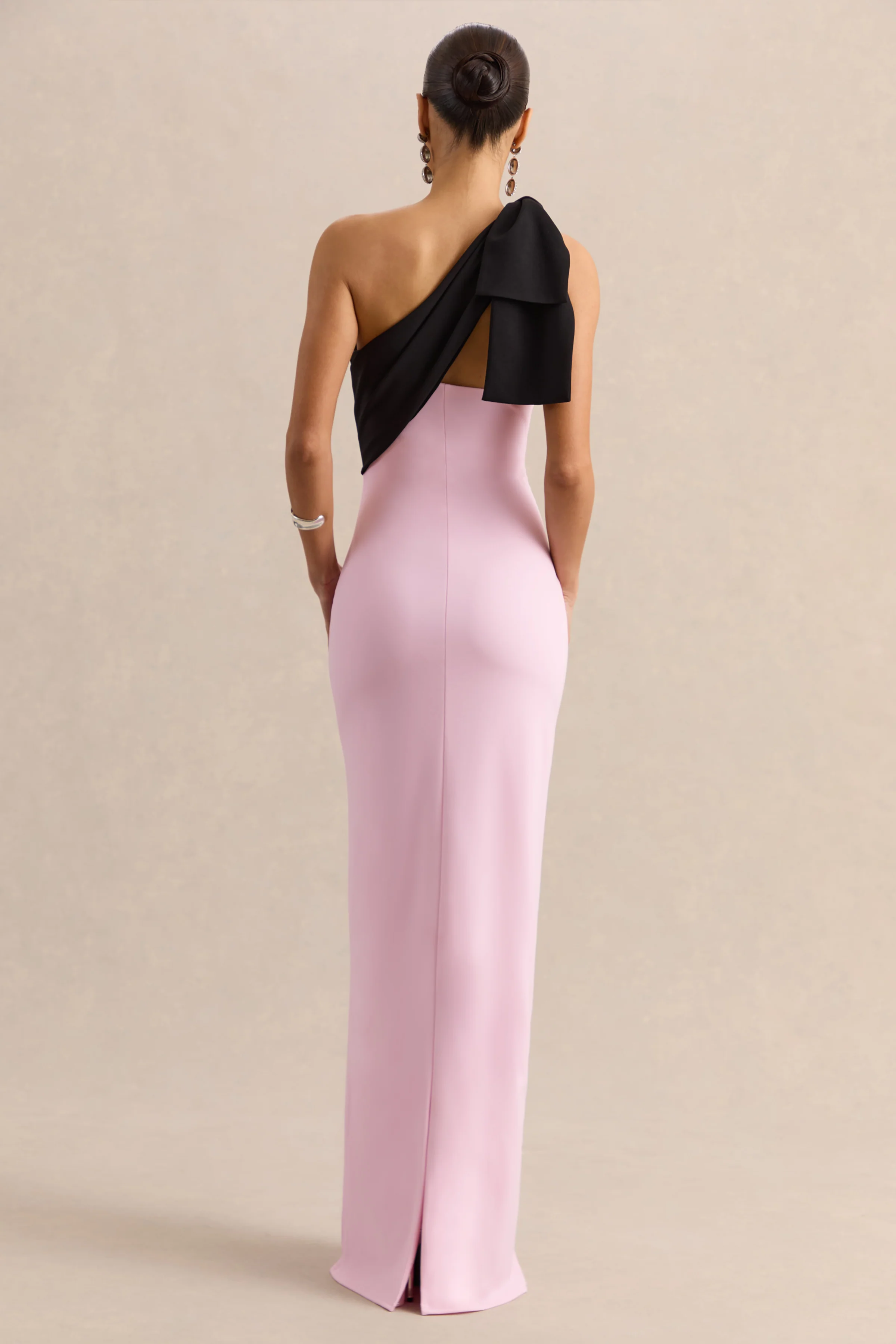 Adara | Pink & Black Asymmetric-Neck Maxi Dress With Bow-Detail