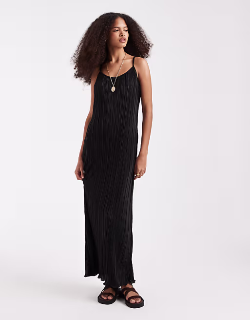 PIECES plisse cami maxi dress in black
