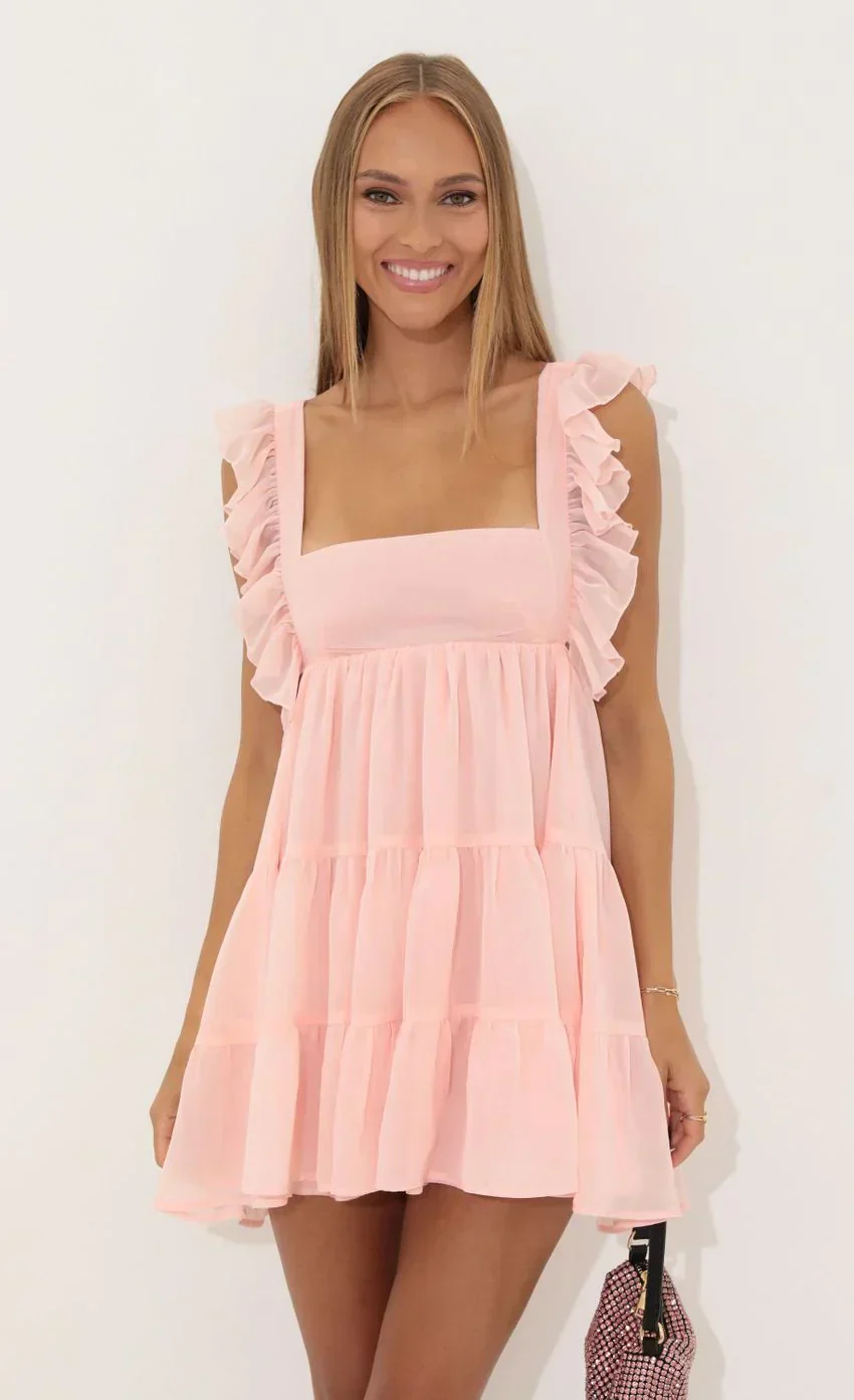 Chiffon Baby Doll Ruffle Dress in Pink - luluinthesky