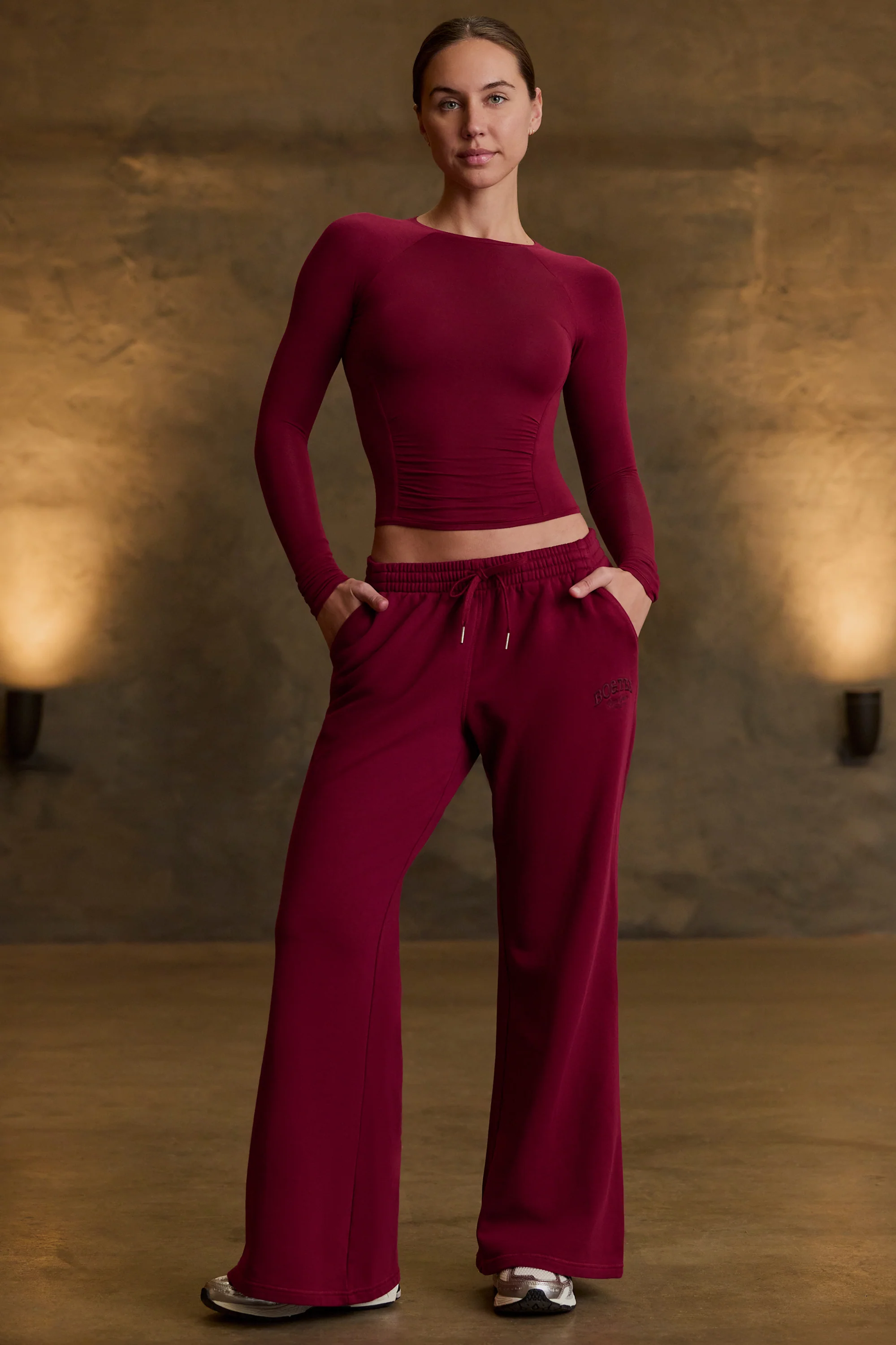 Low-Rise Wide-Leg Joggers in Burgundy