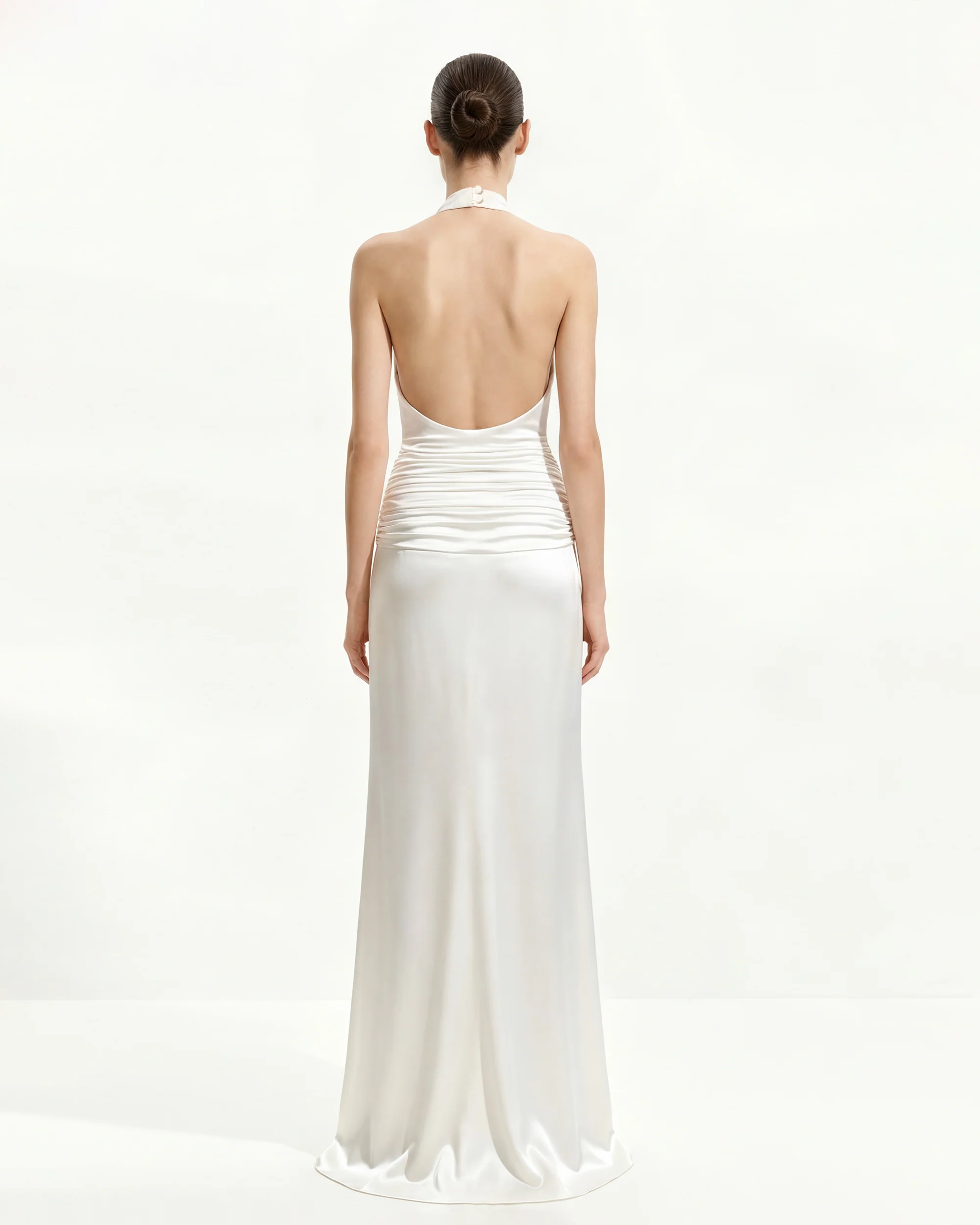 Satin Cowl Neck Ruched Maxi Gown - White - FASHION NOB
