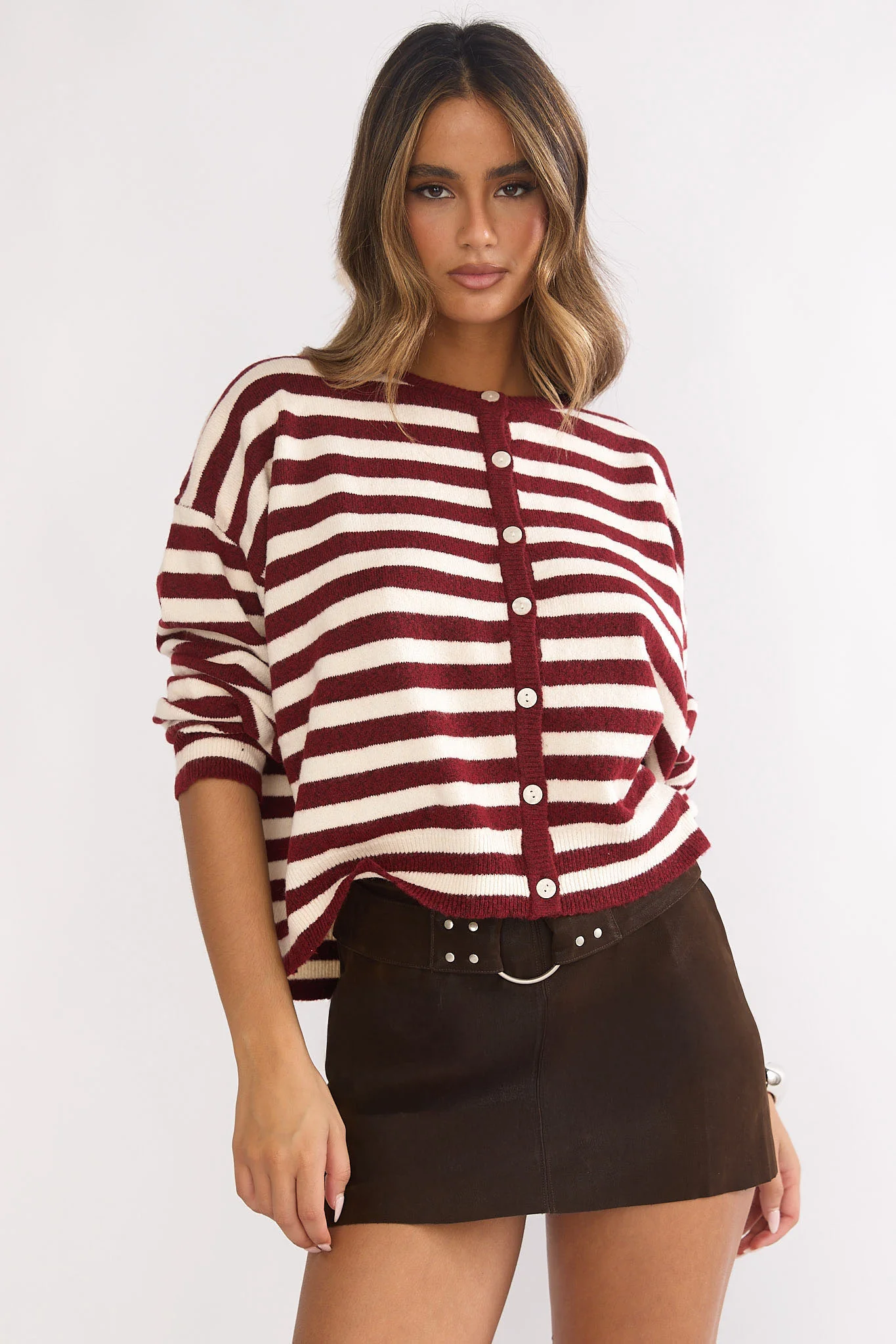 Ivyn Button Front Knitwear Top Stripe Crimson