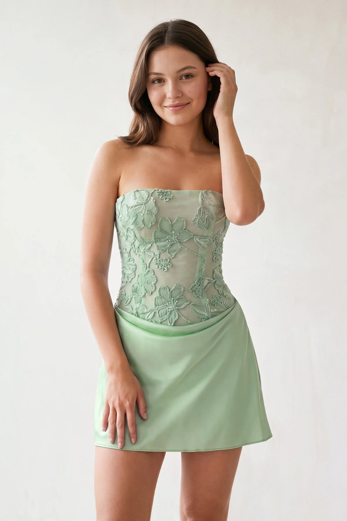 Sky Blue Embroidered A-Line Strapless Satin Homecoming Dress