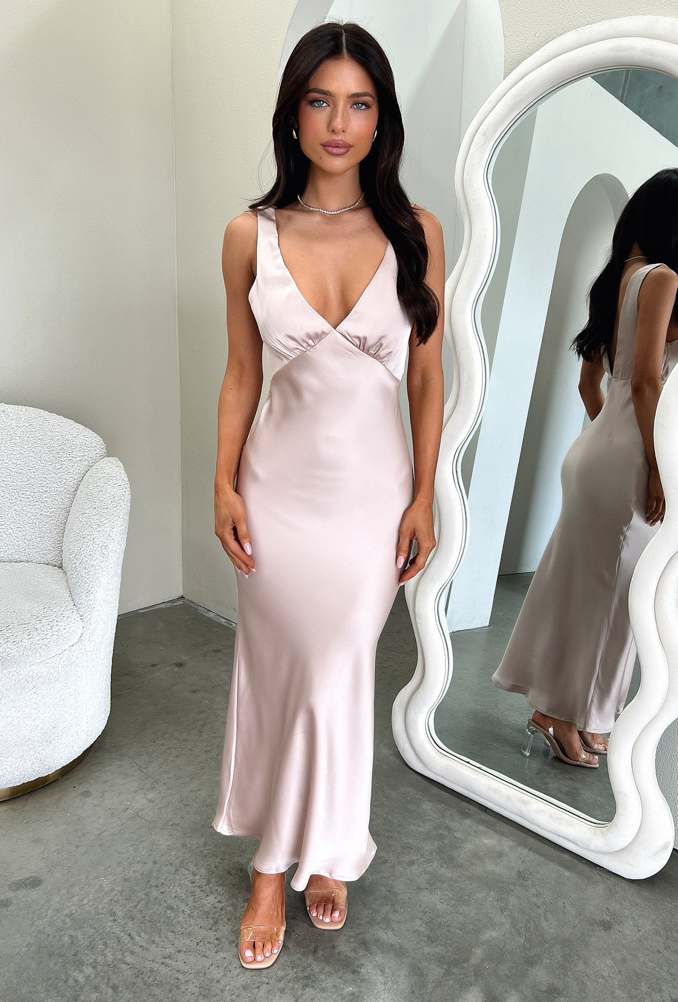 Delayne V-Neck Satin Midi Dress - Champagne