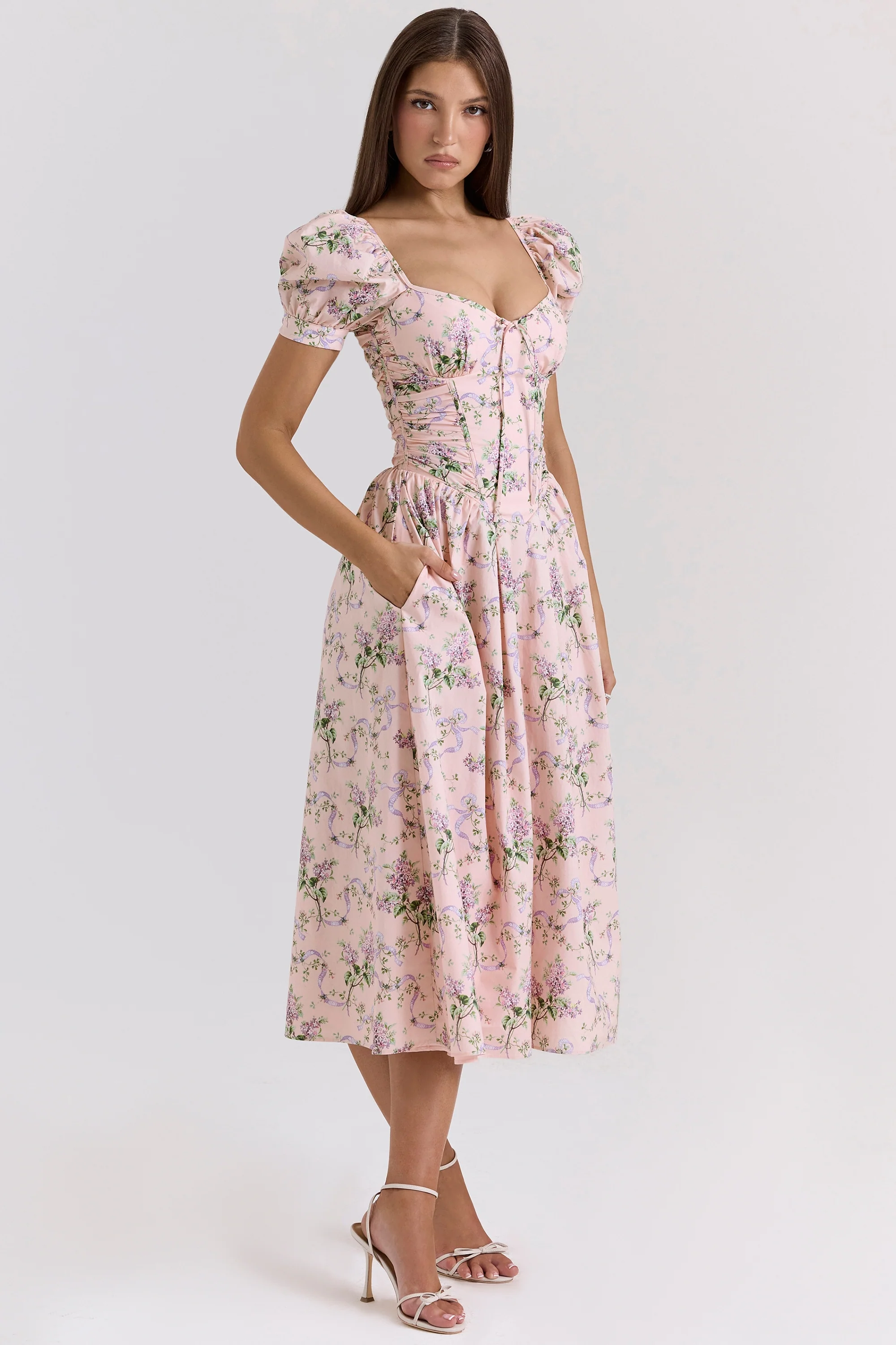 Pink Ribbon Print Cotton Midi Dress