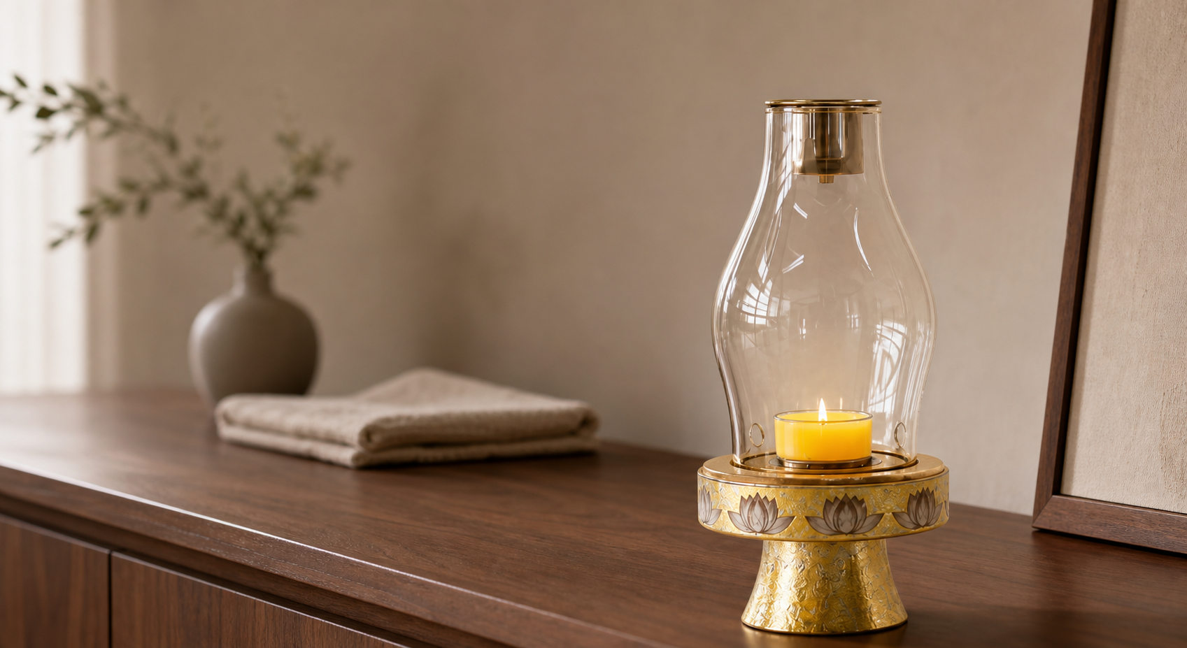 Premium titanium oil burner styled on a walnut console in a warm living room