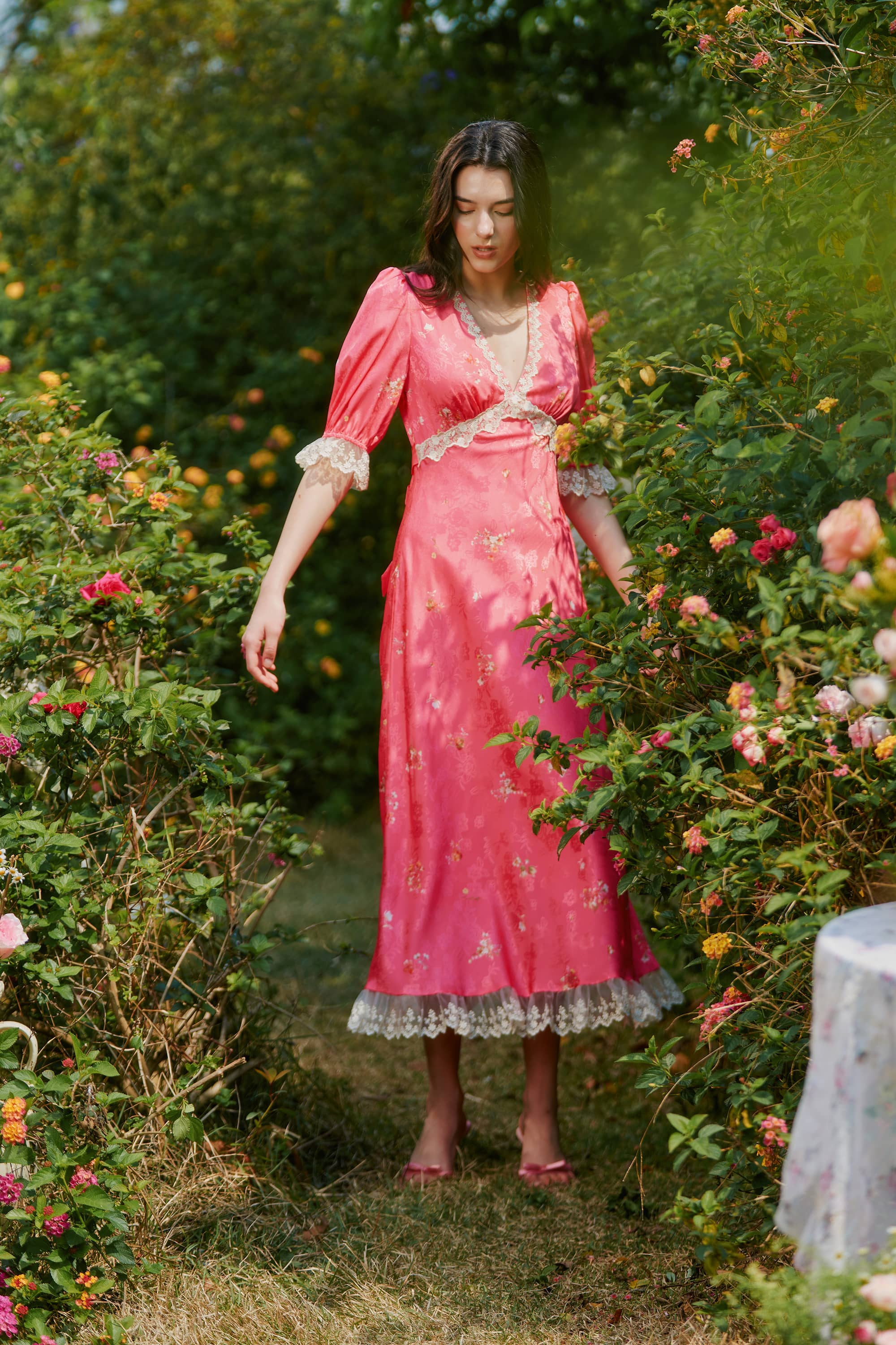 Divia Lace Floral Midi Dress in Red