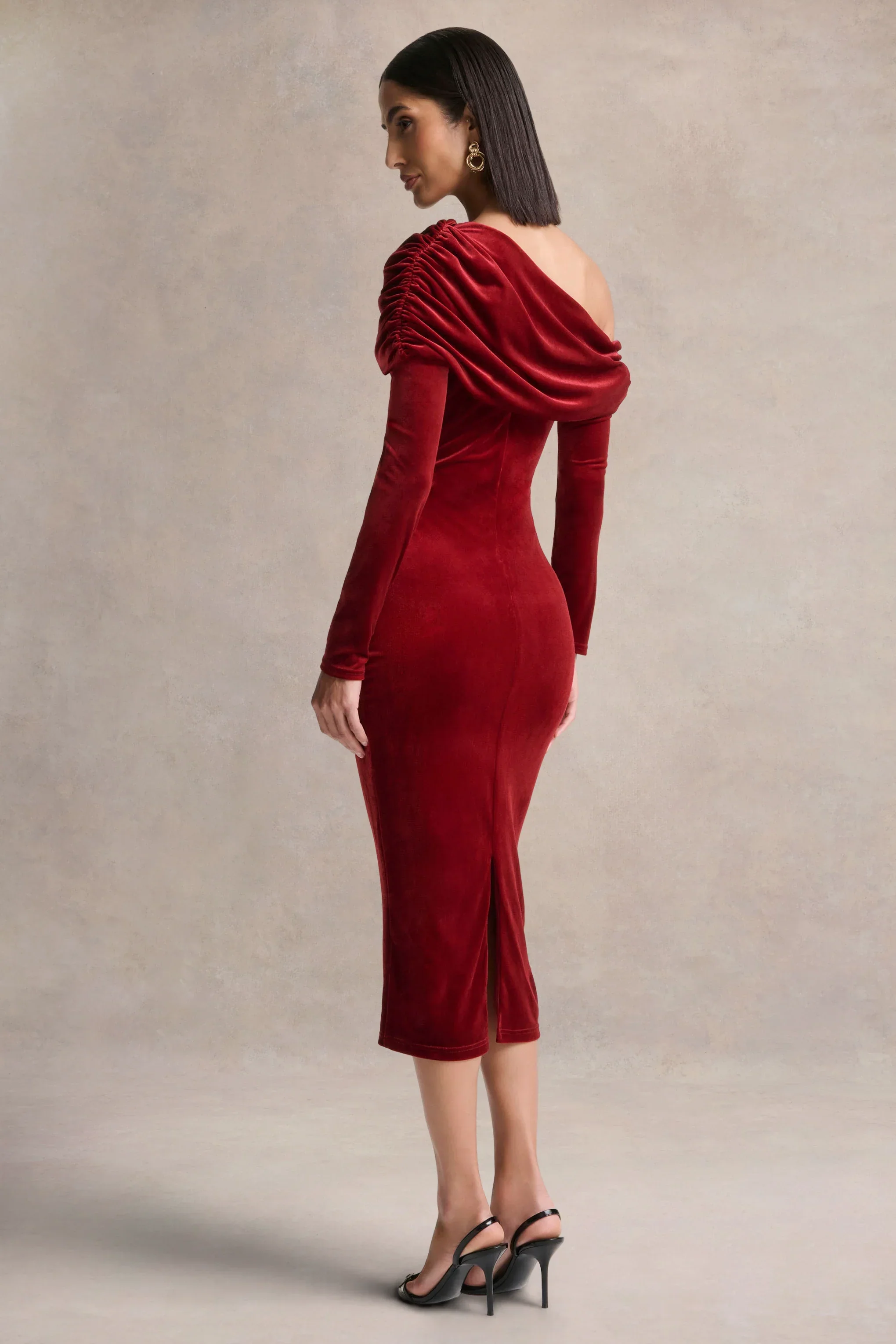 Eirene |  Red Velvet Asymmetric-Neck Midi Dress
