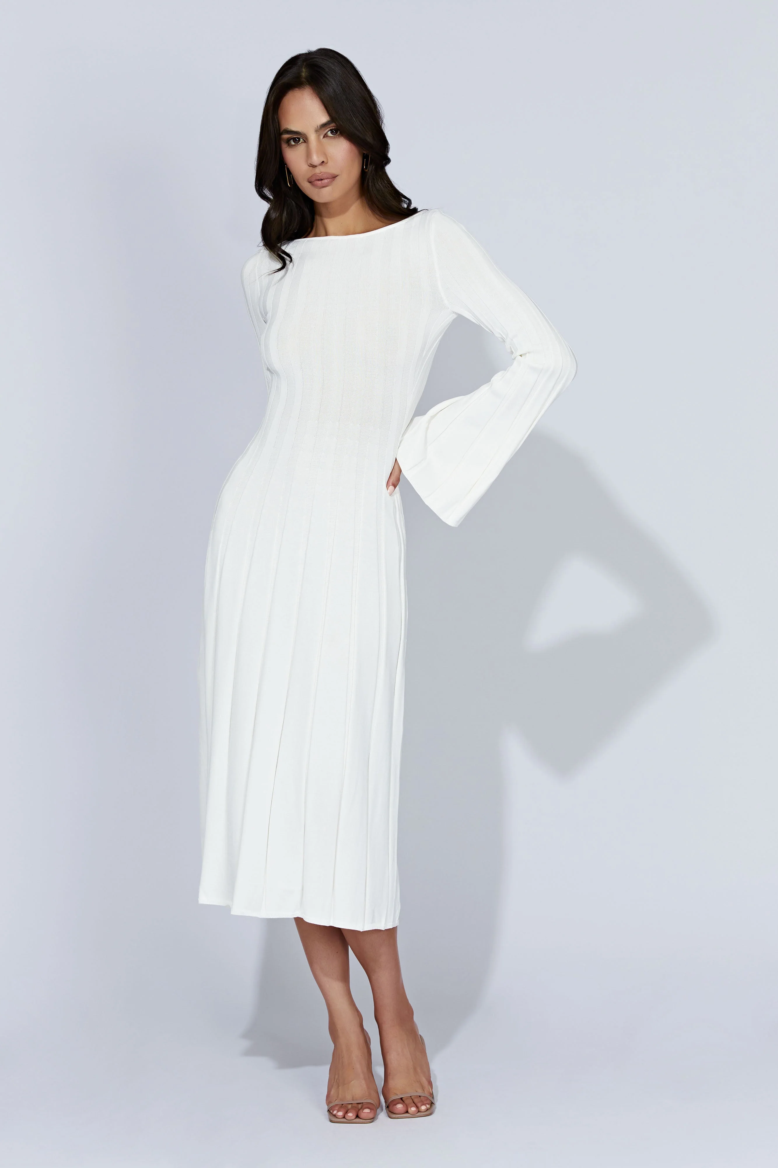Juniper Flare Sleeve Knit Midi Dress - White - luluinthesky