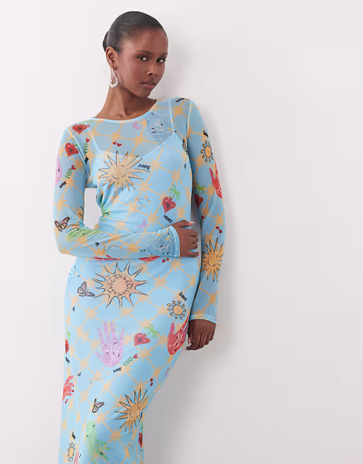 Never Fully Dressed mesh long sleeve midi dress in blue celestial print