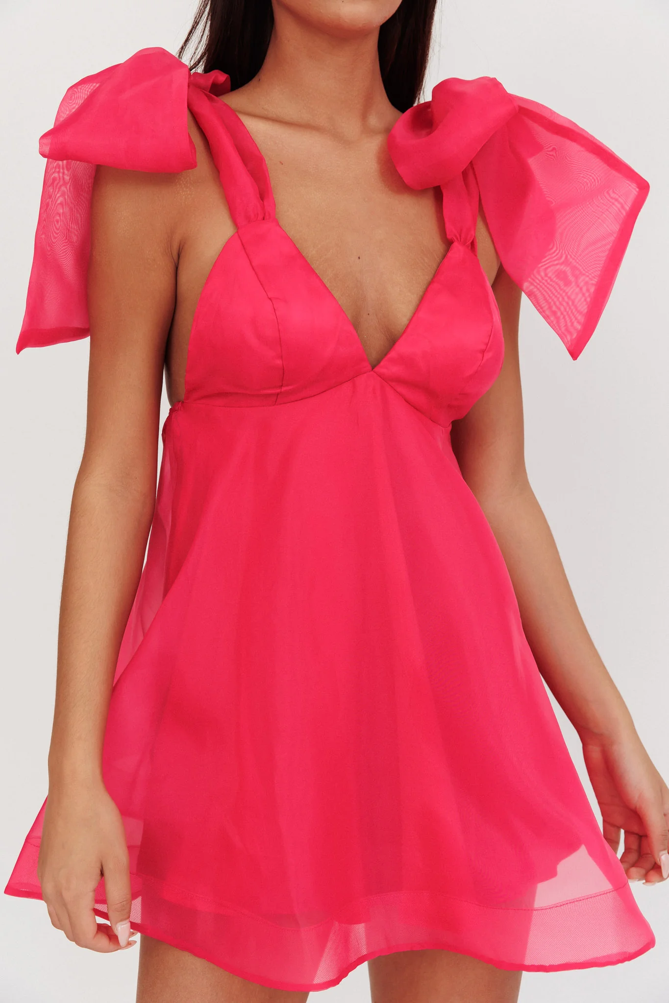 Chantilly Tied Shoulder Mini Dress Fuchsia - luluinthesky