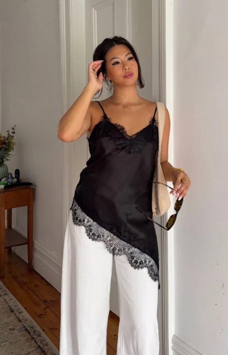 Ziva Black Satin Lace Trim Asymmetrical Top
