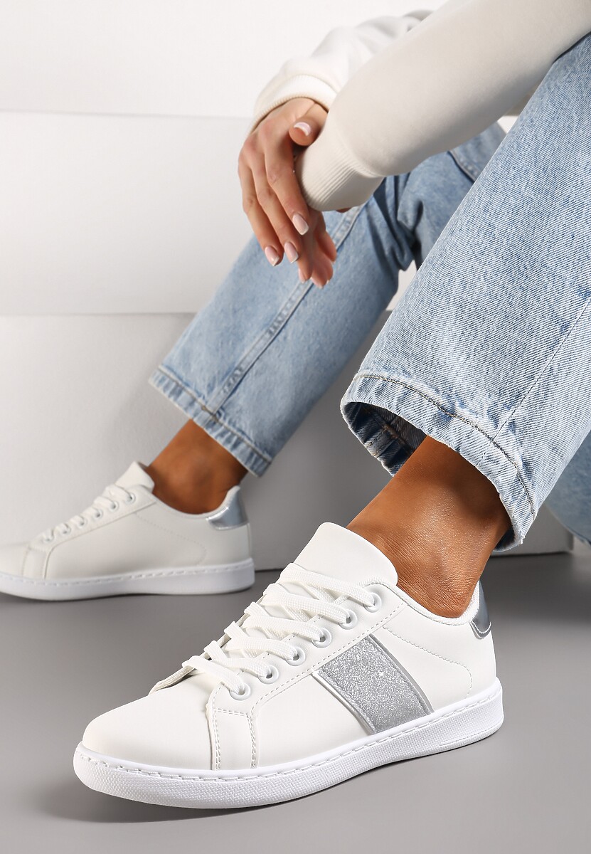 Biało-Srebrne Sneakersy Sznurowane Ozdobione Brokatem Vistasta