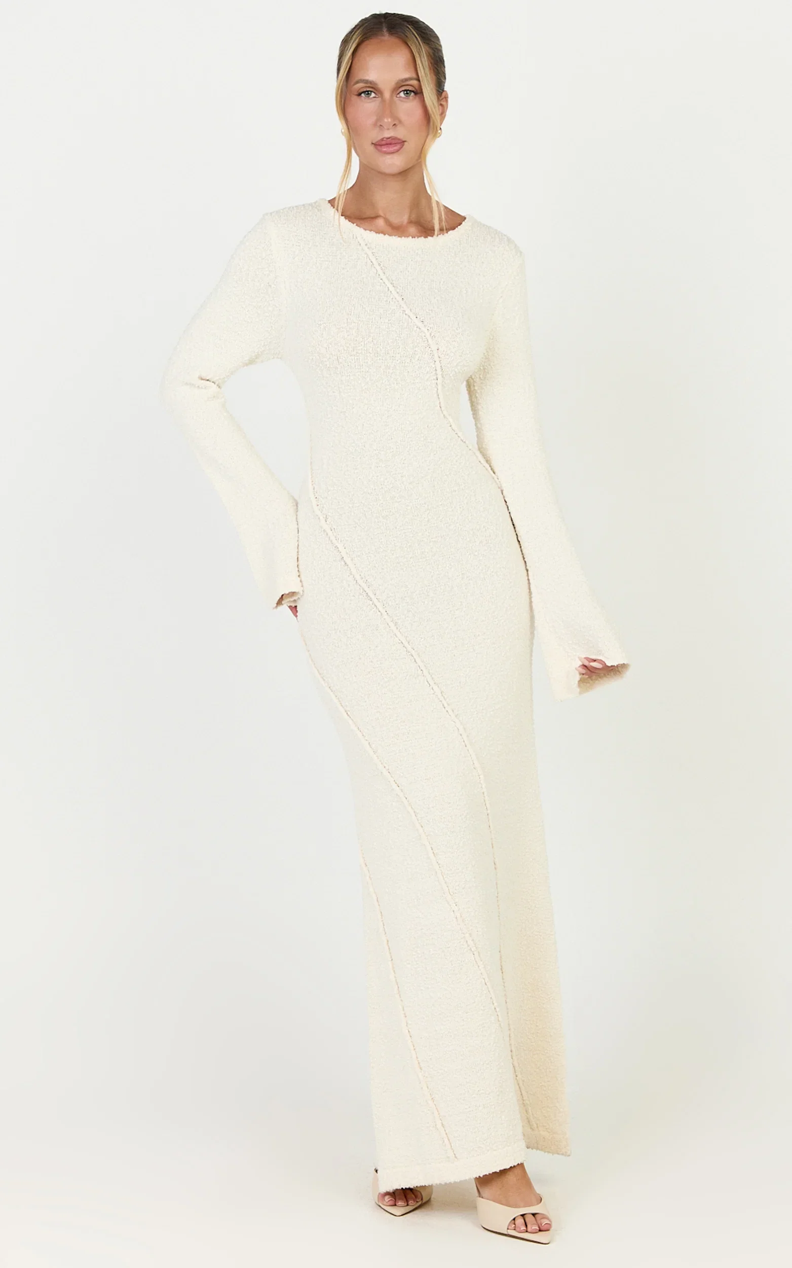 Delilah Maxi Dress - Long Sleeve Seam Detail Boucle Knit Dress in Cream