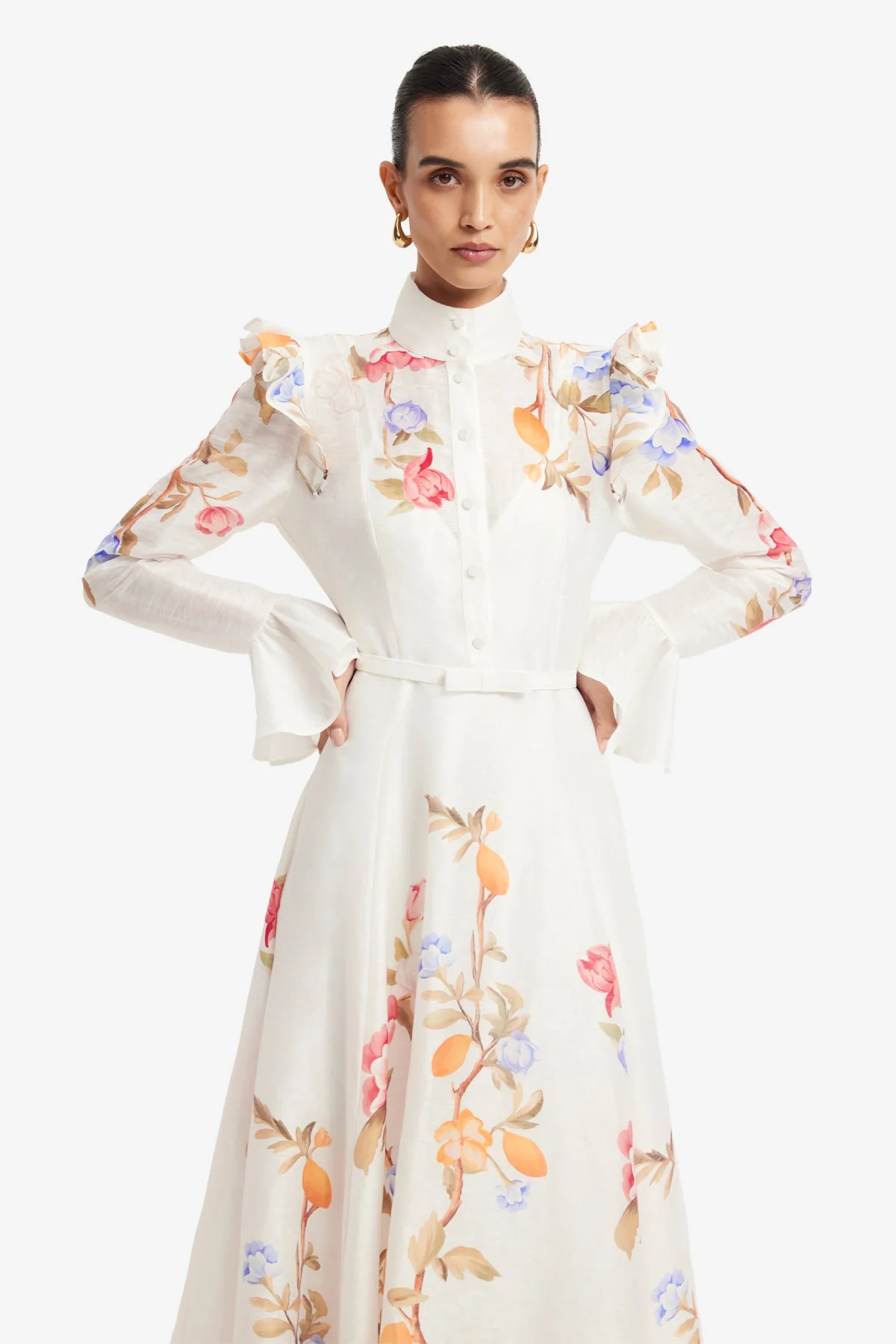 Selina Butterfly Sleeve Midi Dress - Lemon Vine Print in Snow