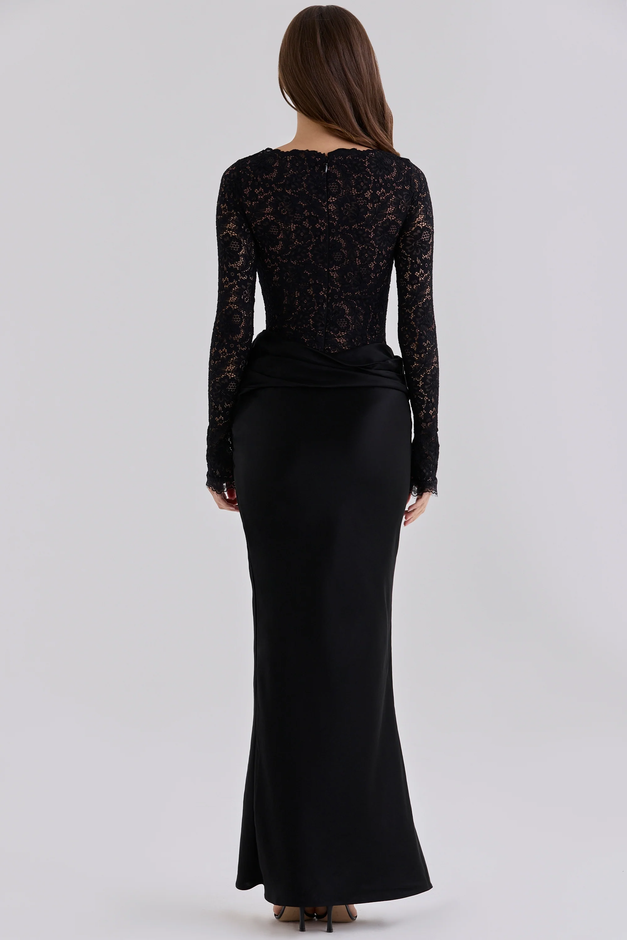 Black Corded Lace + Satin Draped Maxi Dress