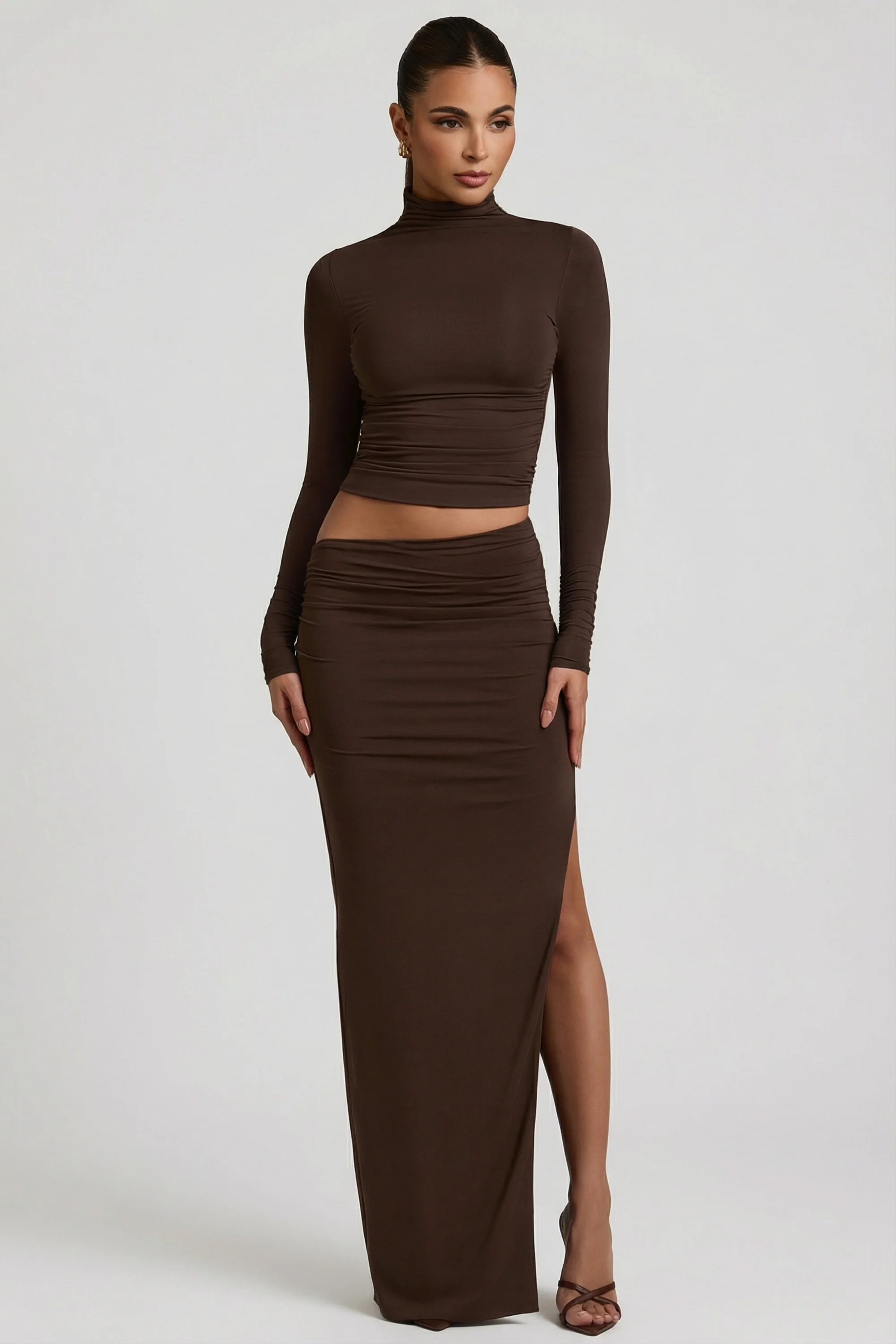 Modal Asymmetric-Waist Maxi Skirt in Chocolate Brown
