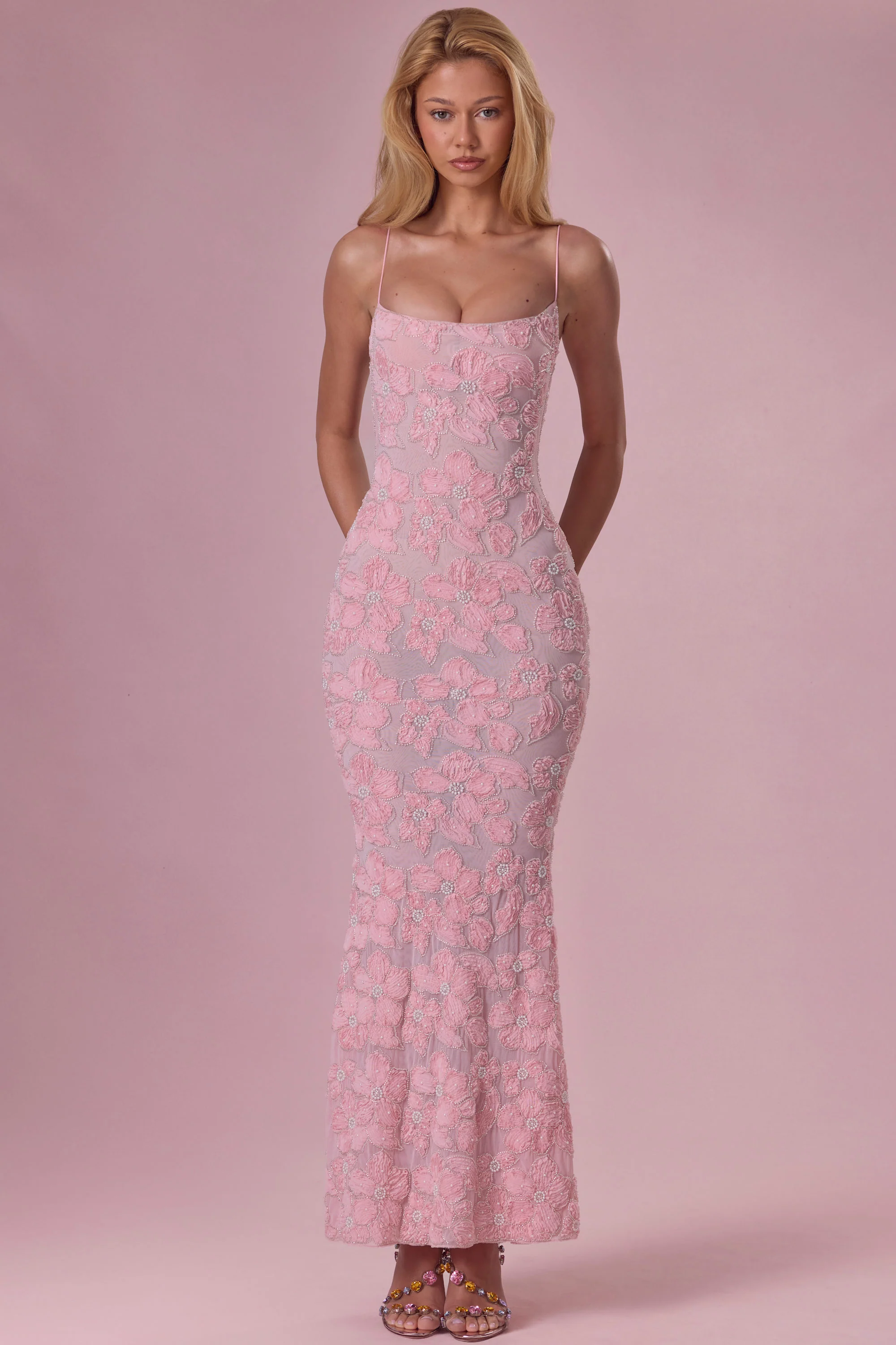 Embellished Square Neck Maxi Dress in Blush Pink