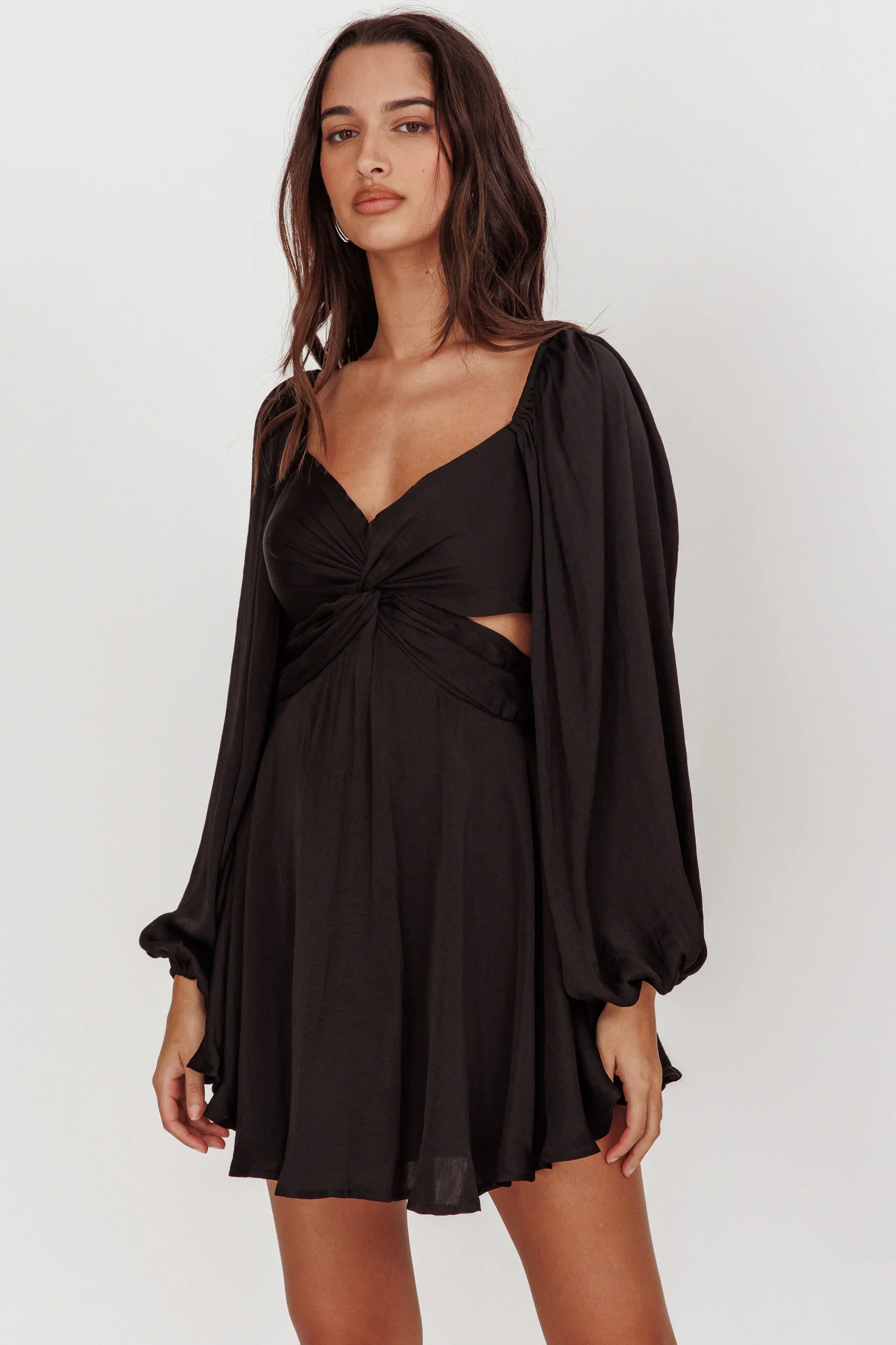 Miraya Balloon Sleeve Twist Mini Dress Black - luluinthesky