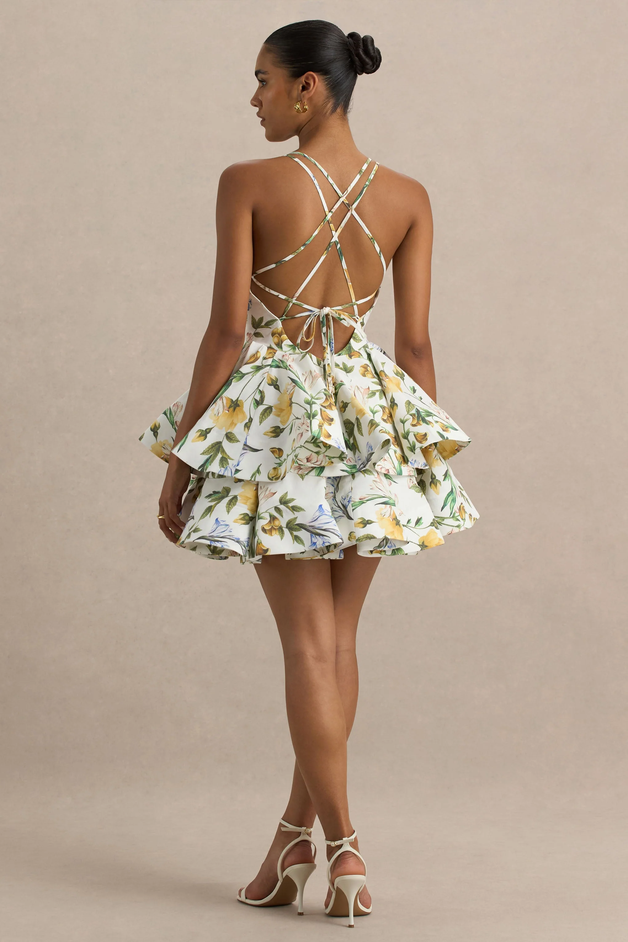 Flavia | Lemon Floral Print Plunge-Neck Ruffled Skater Micro-Mini Dress