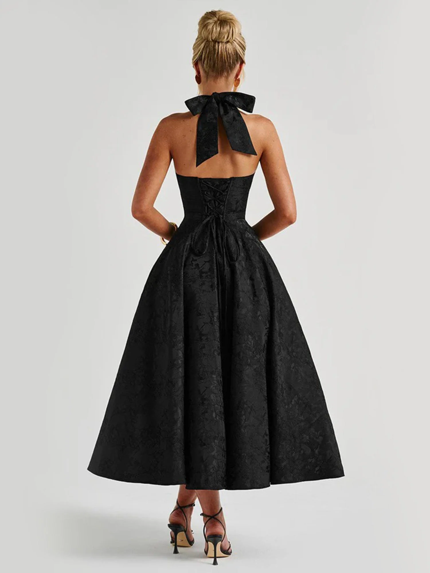 Black Halter Flared Midi Dress