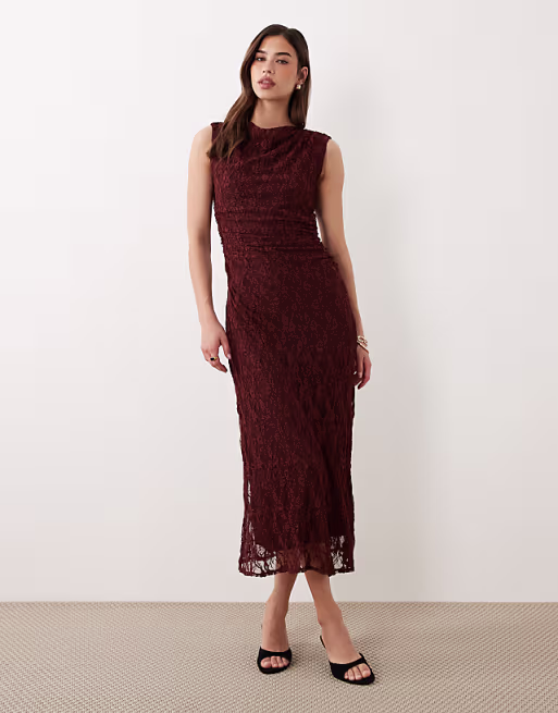 Nobody's Child Cece lace overlay sleeveless midi dress in burgundy
