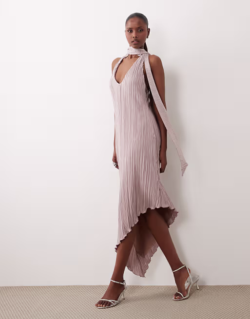 plissé scarf asymmetric midi dress in mink