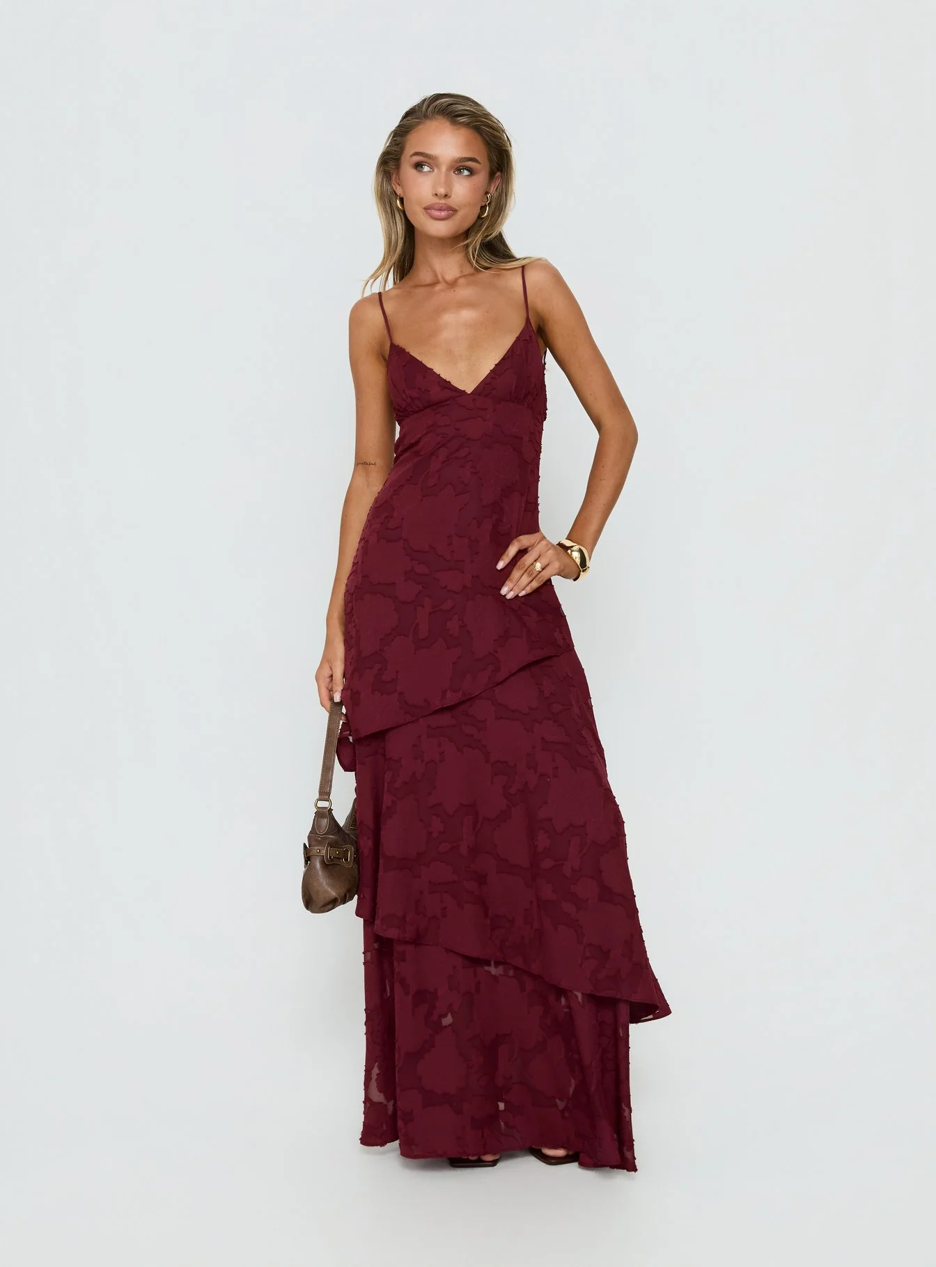 Lyricah Tiered Tie Back Maxi Dress Burgundy - luluinthesky