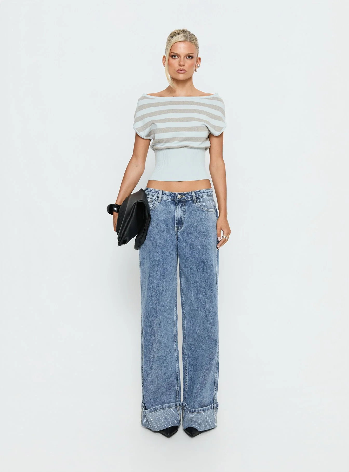 Ramos Diamante Low Rise Wide Leg Denim Jeans Washed Mid Blue