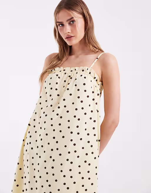 PIECES cotton cami maxi dress in yellow and brown polka dot print