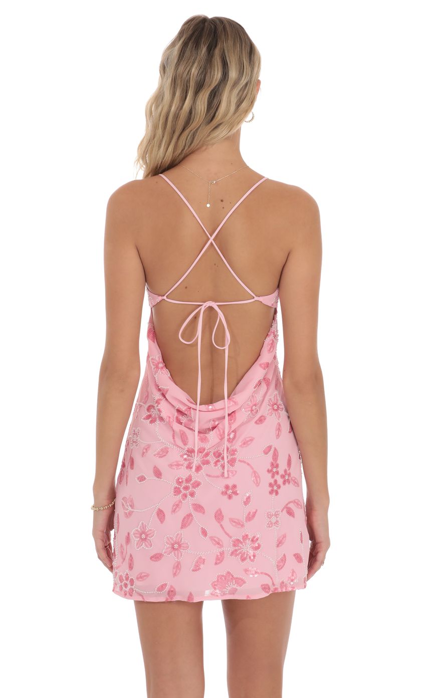 Floral Sequin Open Back Dress in Pink