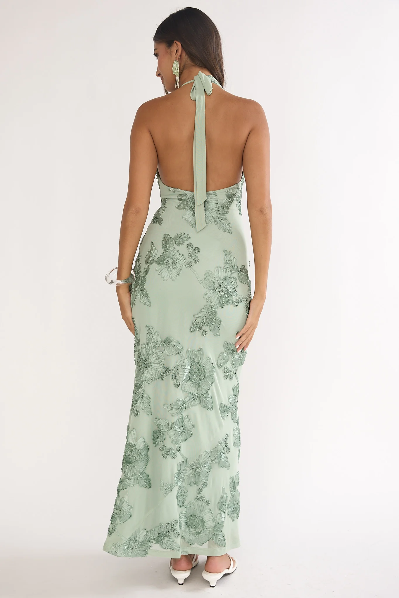Kirralee Asymmetric Halterneck Embellished Maxi Dress Aqua Green
