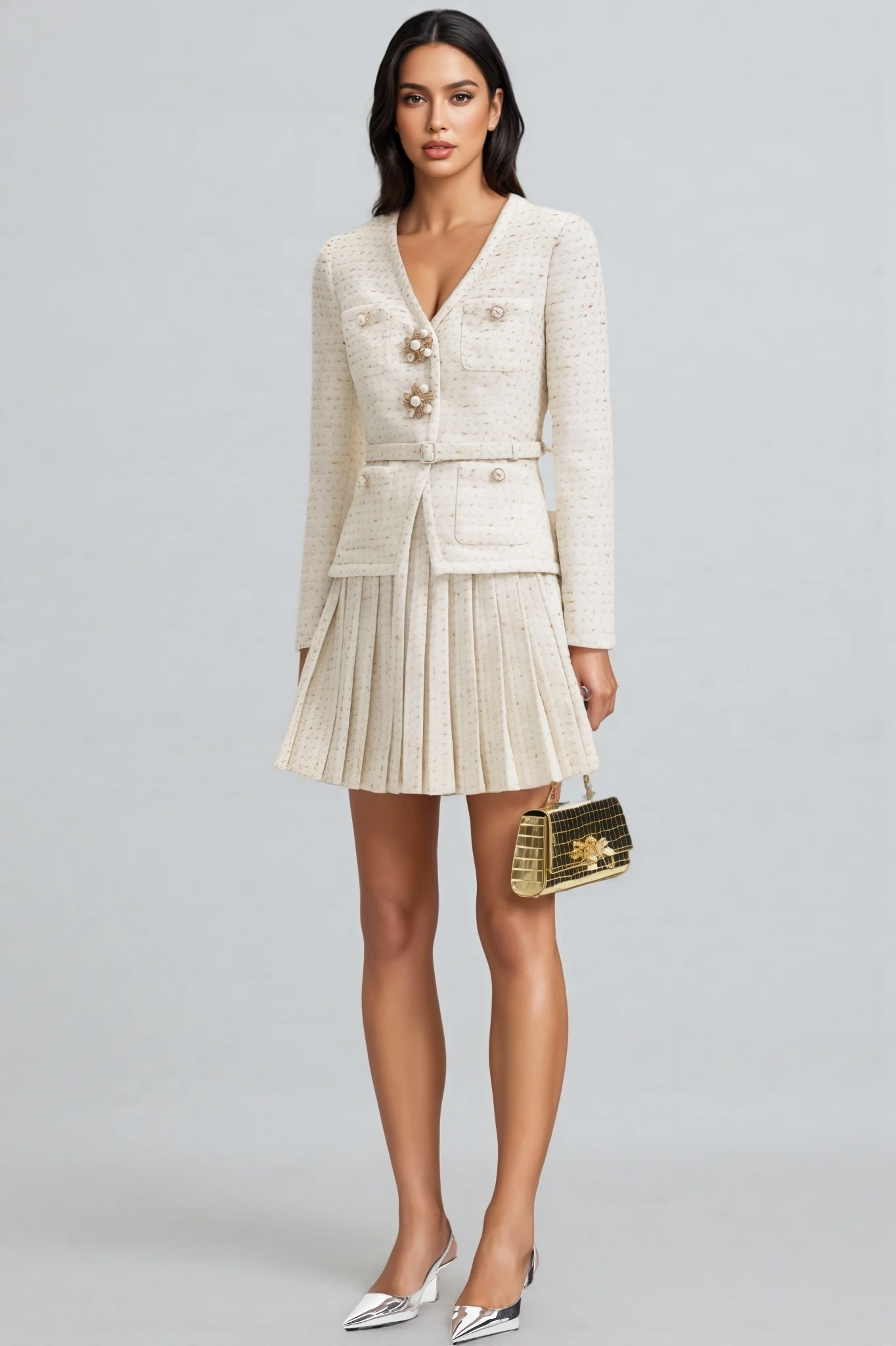 Taryn V-Neck Waistline Pleated Mini Dress Set
