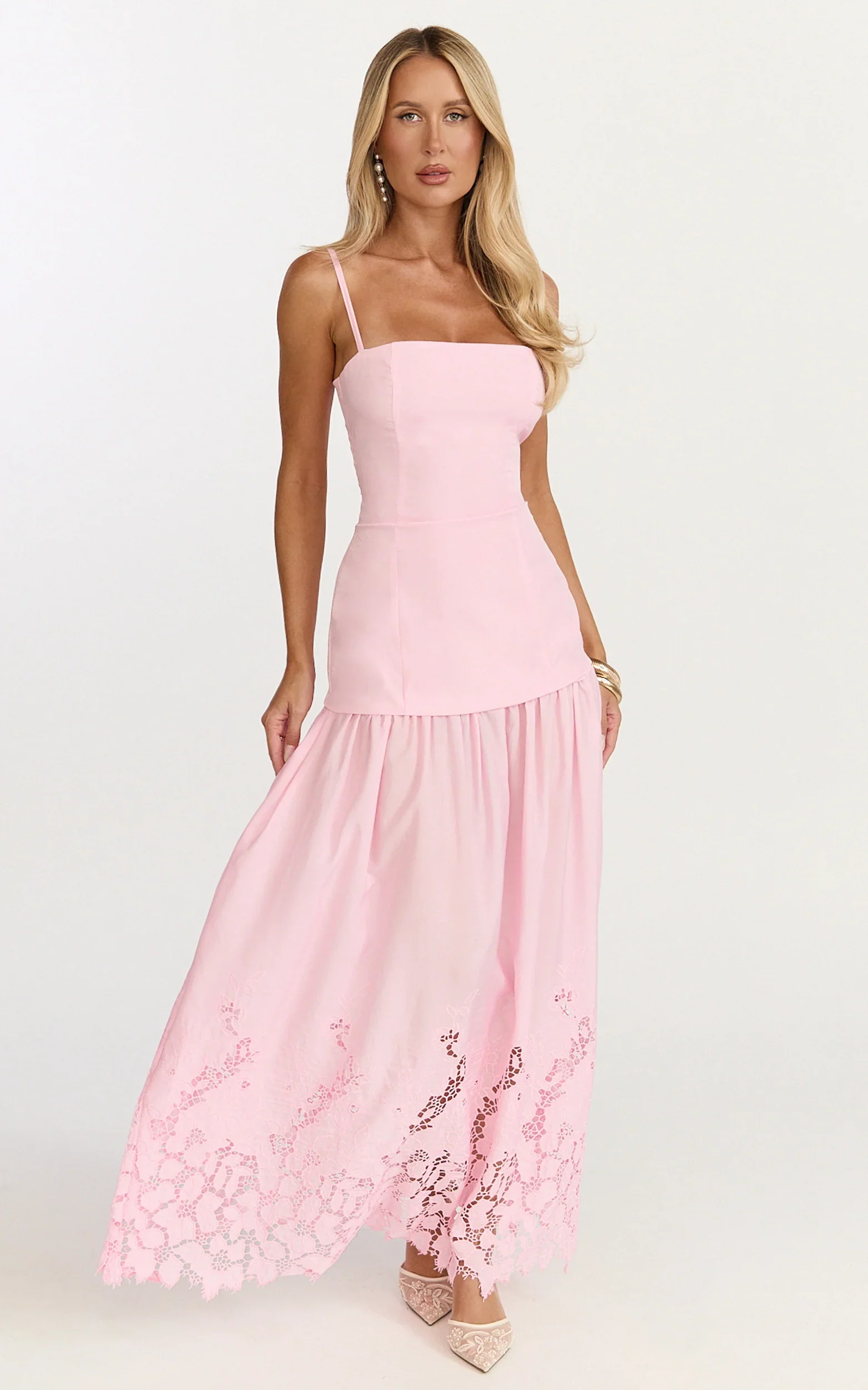 Everly Maxi Dress - Straight Neck Broderie Cut Out Hem Dress in Pink