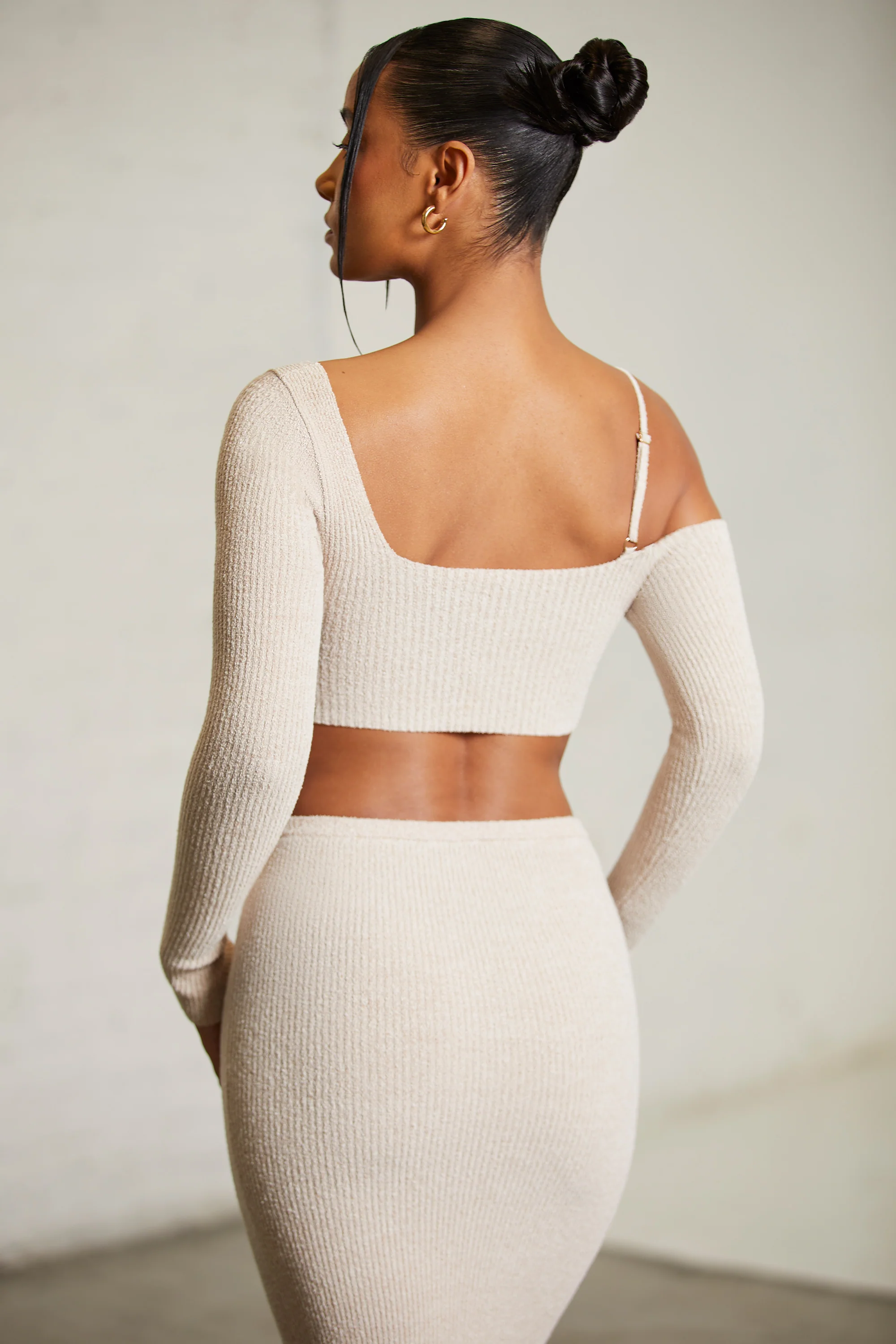 Asymmetric Long Sleeve Crop Top in Praline
