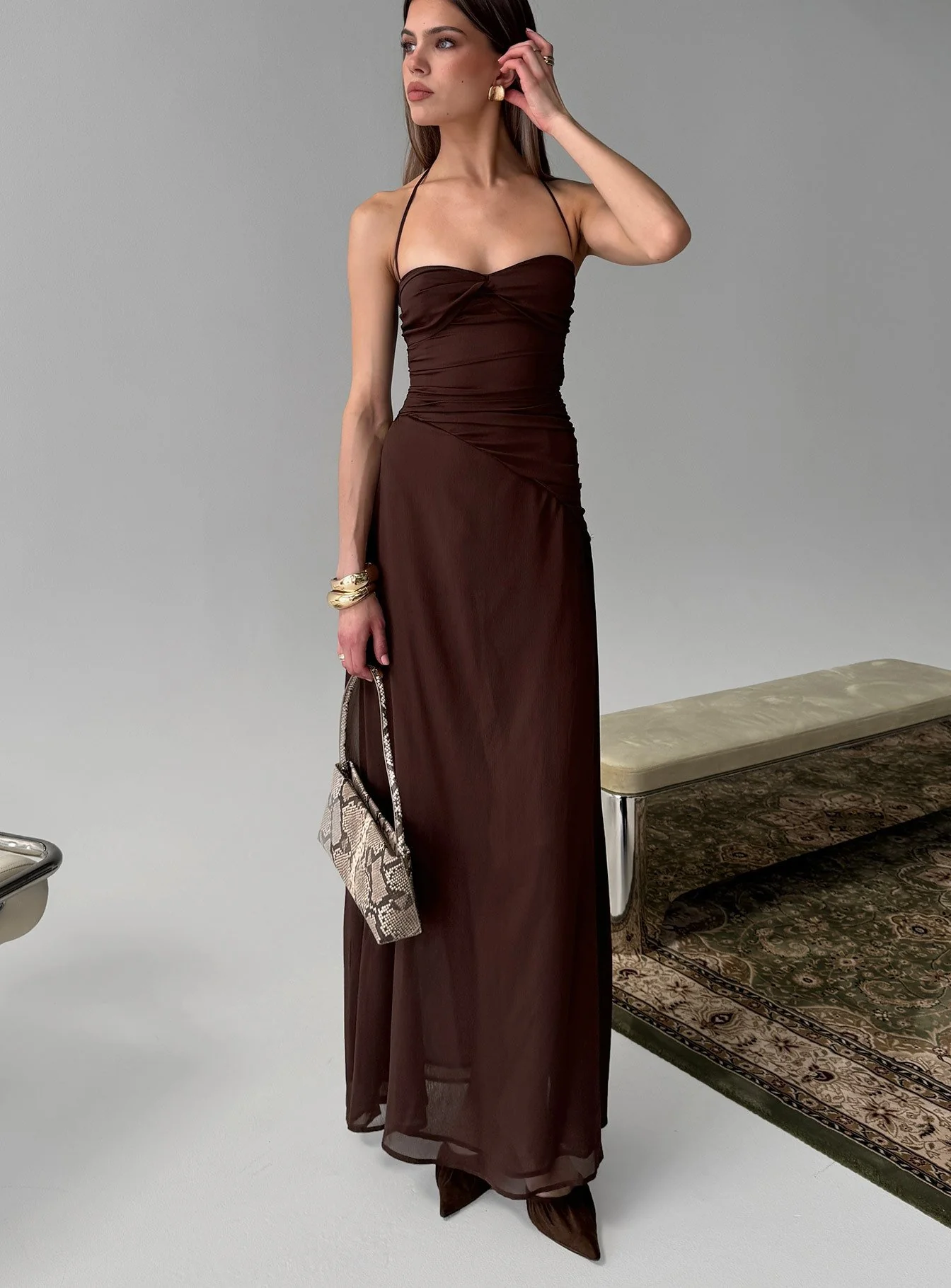 Kaemila Halter Chiffon Maxi Dress Brown - luluinthesky